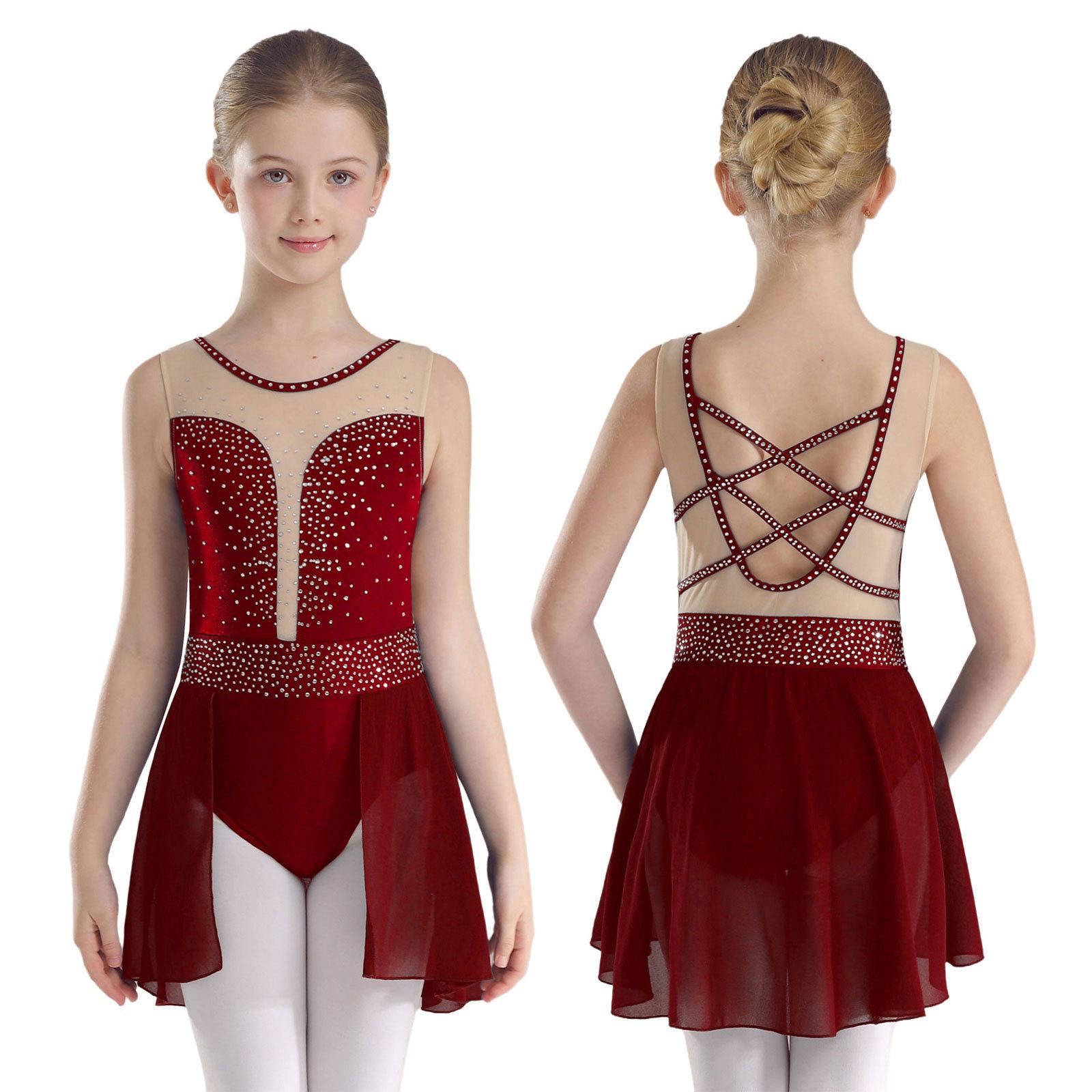 Manyakai Kinderen Meisjes Kunstschaatsen Jurk Lyrische Dans Kostuum Strass Mouwloze Leotards Jurk 13-14 Years bordeaux