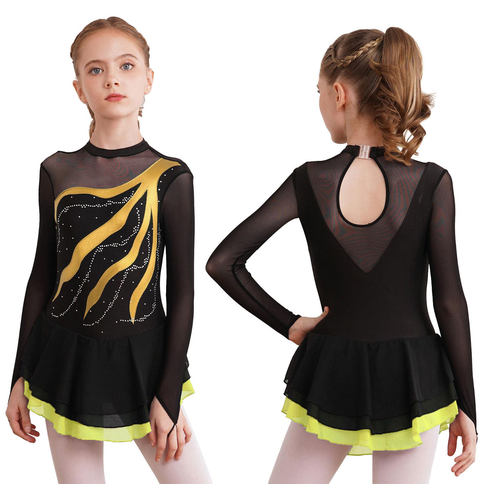 Ranrann Kinderen meisjes lange mouw kunstschaatsjurk glanzende strass mesh tutu ballet gymnastiek dans turnpakje jurk 11-12 Years geel