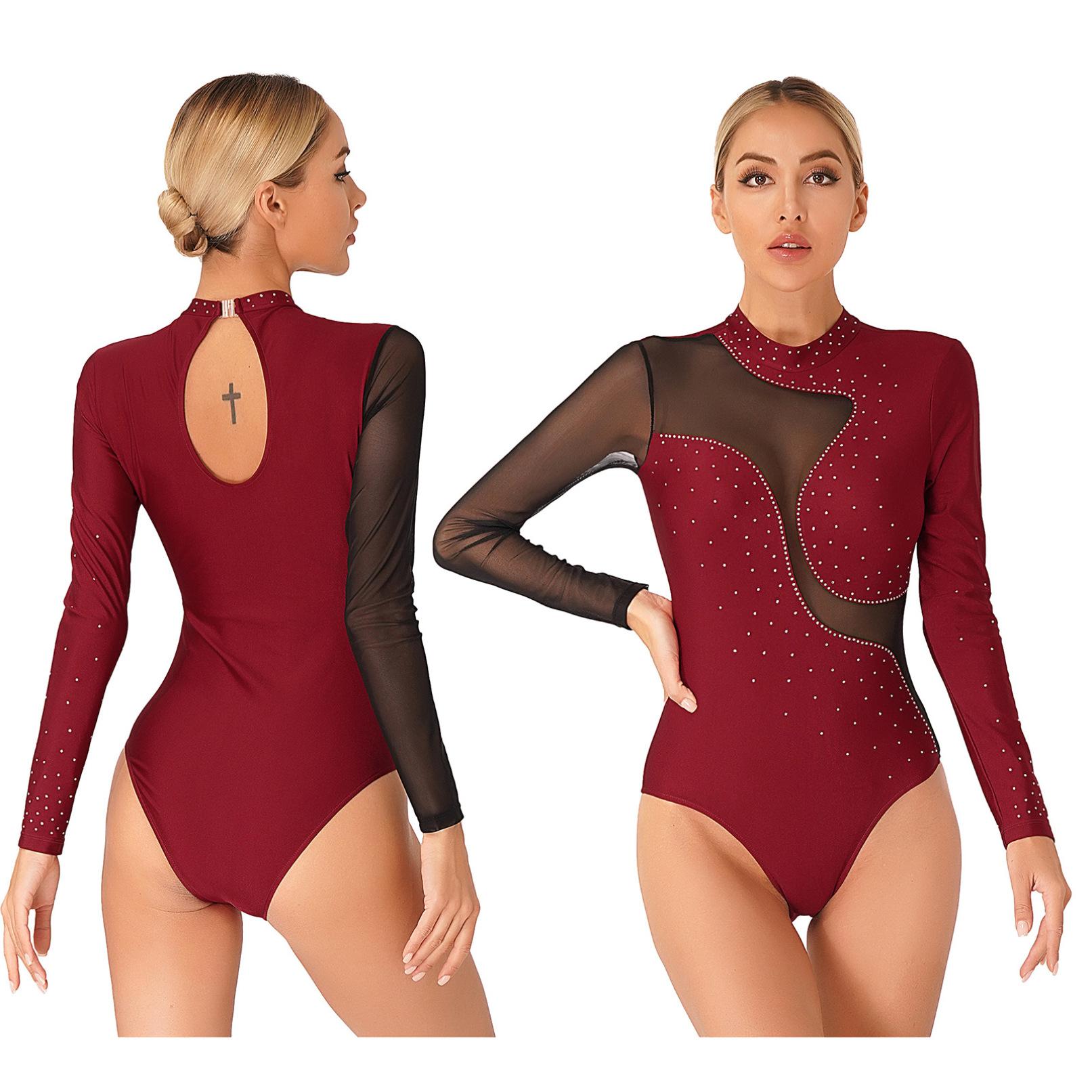Ranrann Womens glanzende strass kleurblok bodysuit lange mouw gymnastiek dans turnpakje acrobatiek kunstschaatsen kostuum S