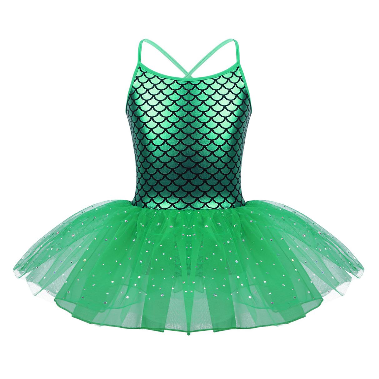 HULIJA Kinderen Meisjes Glitter Zeemeermin Kostuum Spaghetti Schouderbanden Weegschalen Patroon Gedrukt Ballet Dans Gymnastiek Turnpakje Tutu Jurk 9-10 Years groen