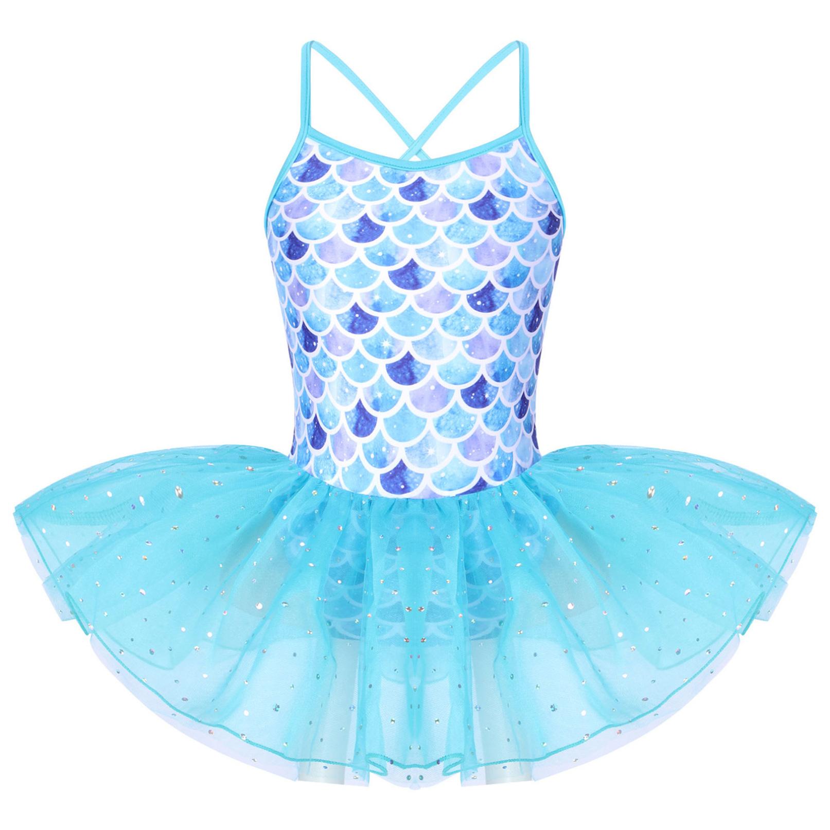 HULIJA Kinderen Meisjes Glitter Zeemeermin Kostuum Spaghetti Schouderbanden Weegschalen Patroon Gedrukt Ballet Dans Gymnastiek Turnpakje Tutu Jurk 7-8 Years blauw