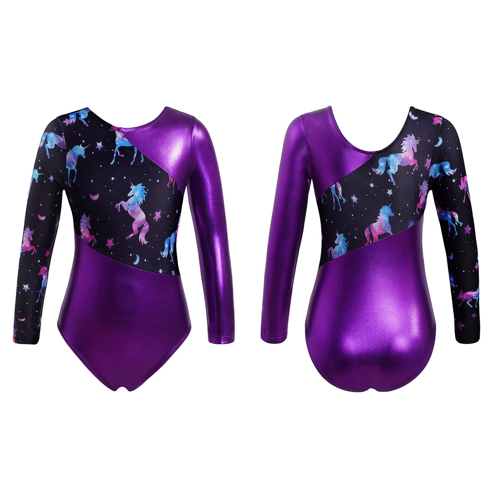 Aislor Kinderen Meisjes Glanzende Metallic Lange Mouwen Gymnastiek Maillots Gedrukt Ballet Dans Body Unitards 5-6 Years paars