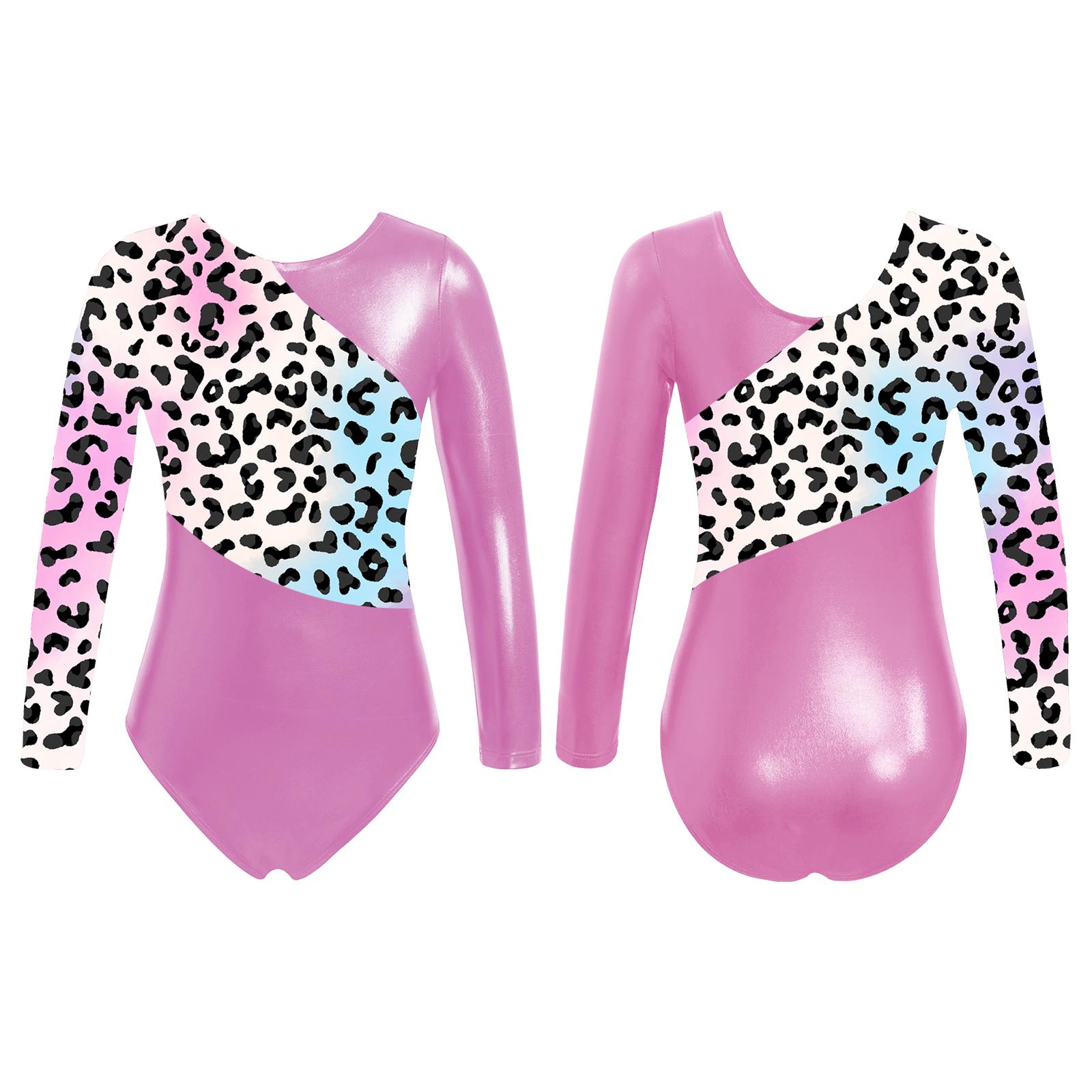Aislor Kinderen Meisjes Glanzende Metallic Lange Mouwen Gymnastiek Maillots Gedrukt Ballet Dans Body Unitards 5-6 Years roze