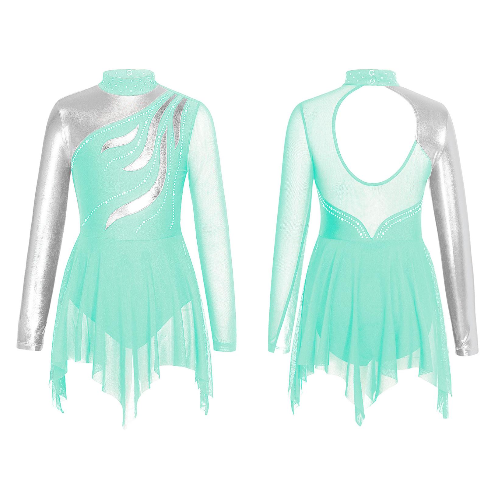 Yeahdor Kinderen meisjes kunstschaatsjurk lange mouw bronzing ballet gymnastiek turnpakje 13-14 Years zout water