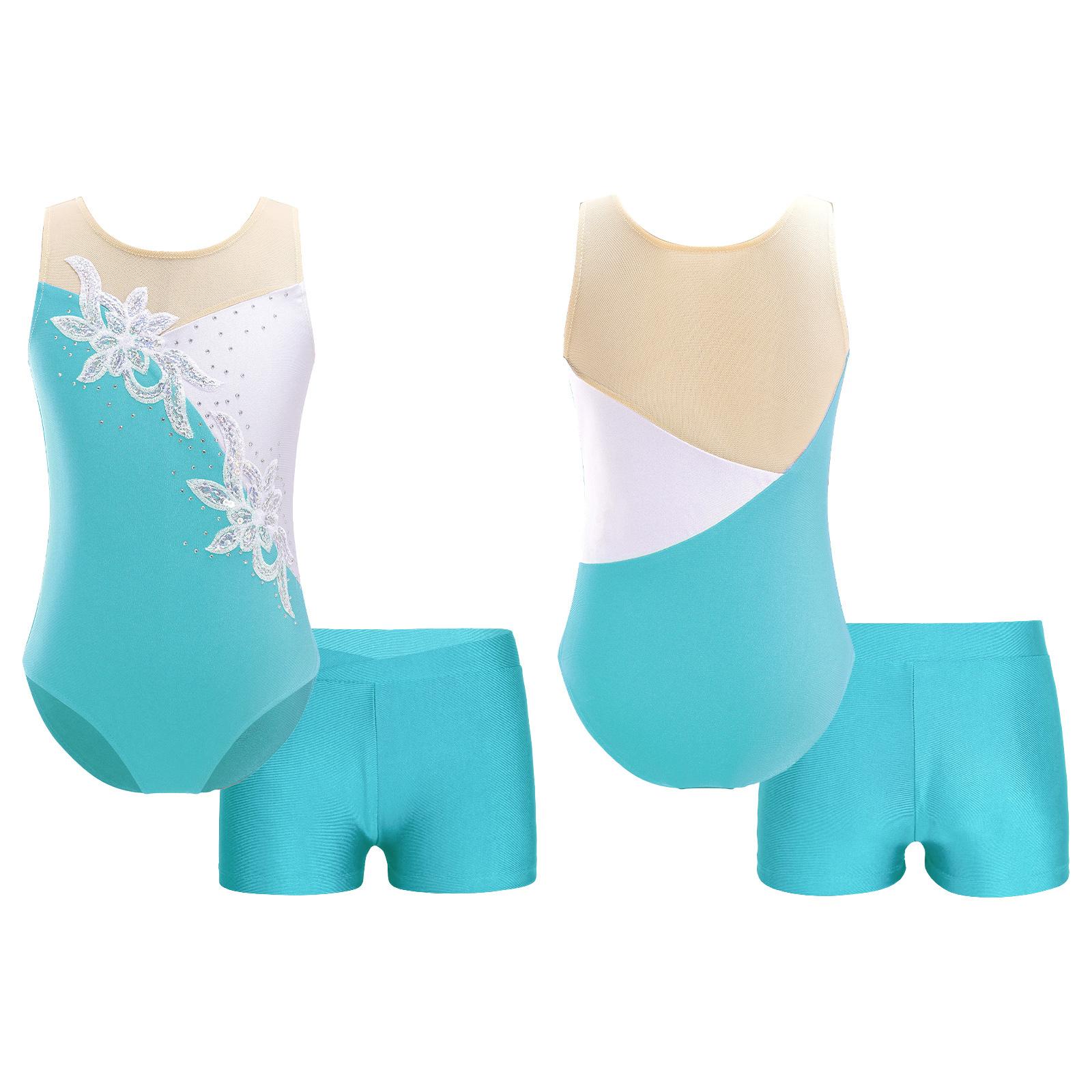 Fldy 2 stuks kinderen meisjes mouwloze patchwork stijl gymnastiek maillots ballet dans bodysuit unitards met shorts 11-12 Years zout water