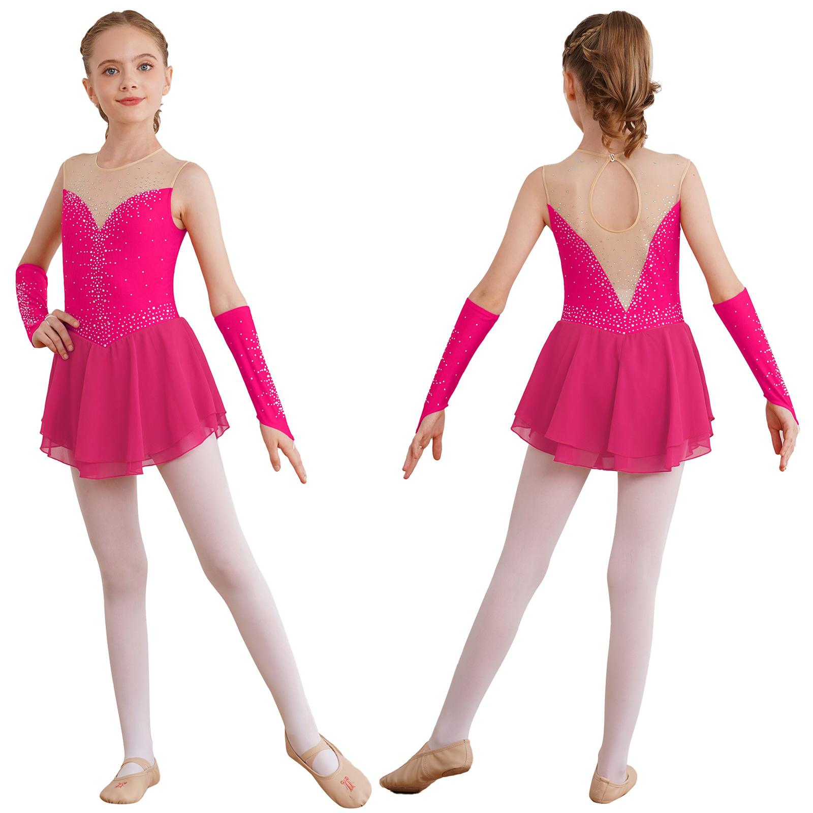 IEFiEL Meisjes IJs Kunstschaatsen Jurk Ballet Dans Competitie Gymnastiek Strass Leotard Jurken met Handschoenen 5-6 Years