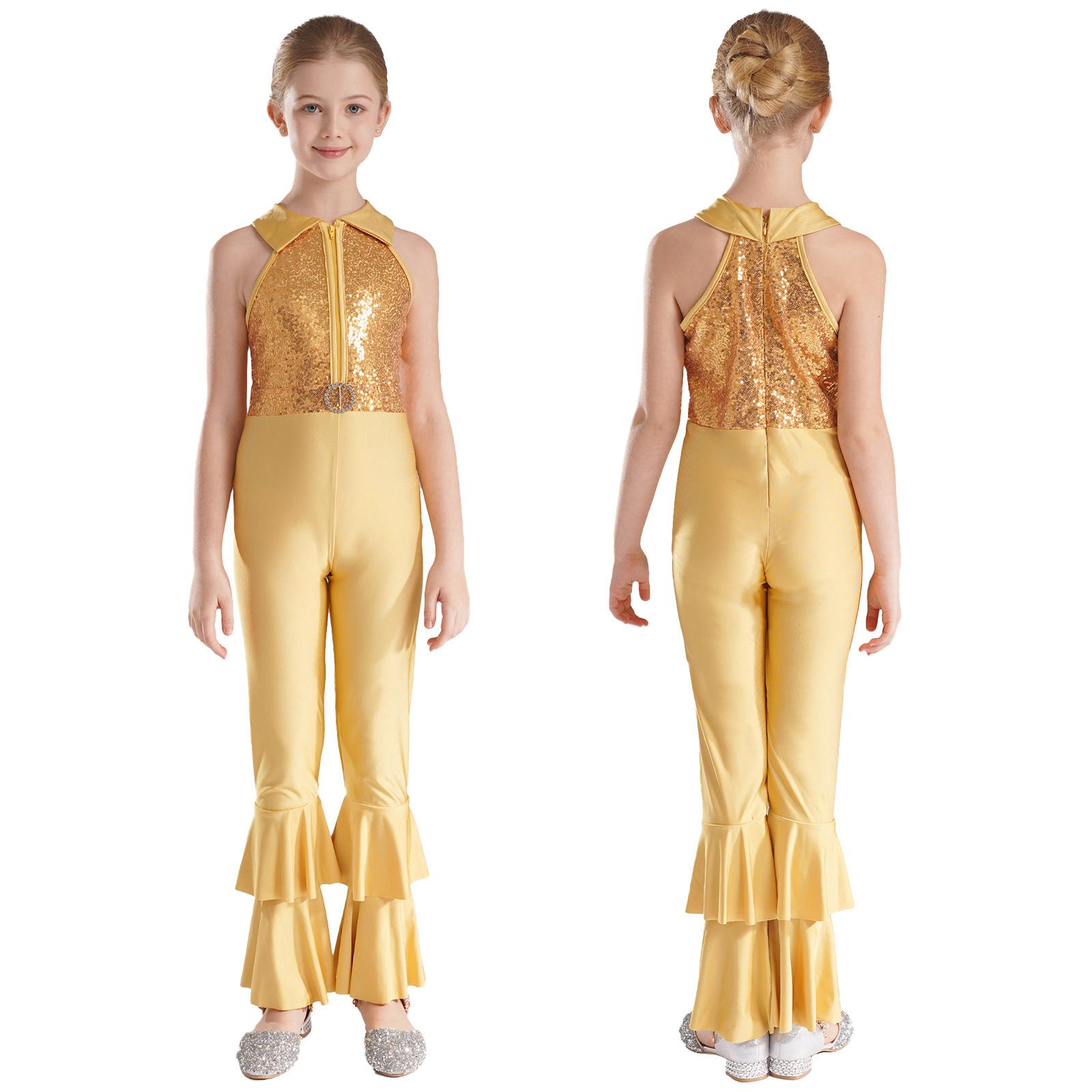 Sywiyi Kinderen Meisjes Glanzende Metallic Gymnastiek Leotard Glinsterende Pailletten Disco Jazz Dans Kostuum Full Body Unitard Bodysuit Ballet Danskleding 5-6 Years goud