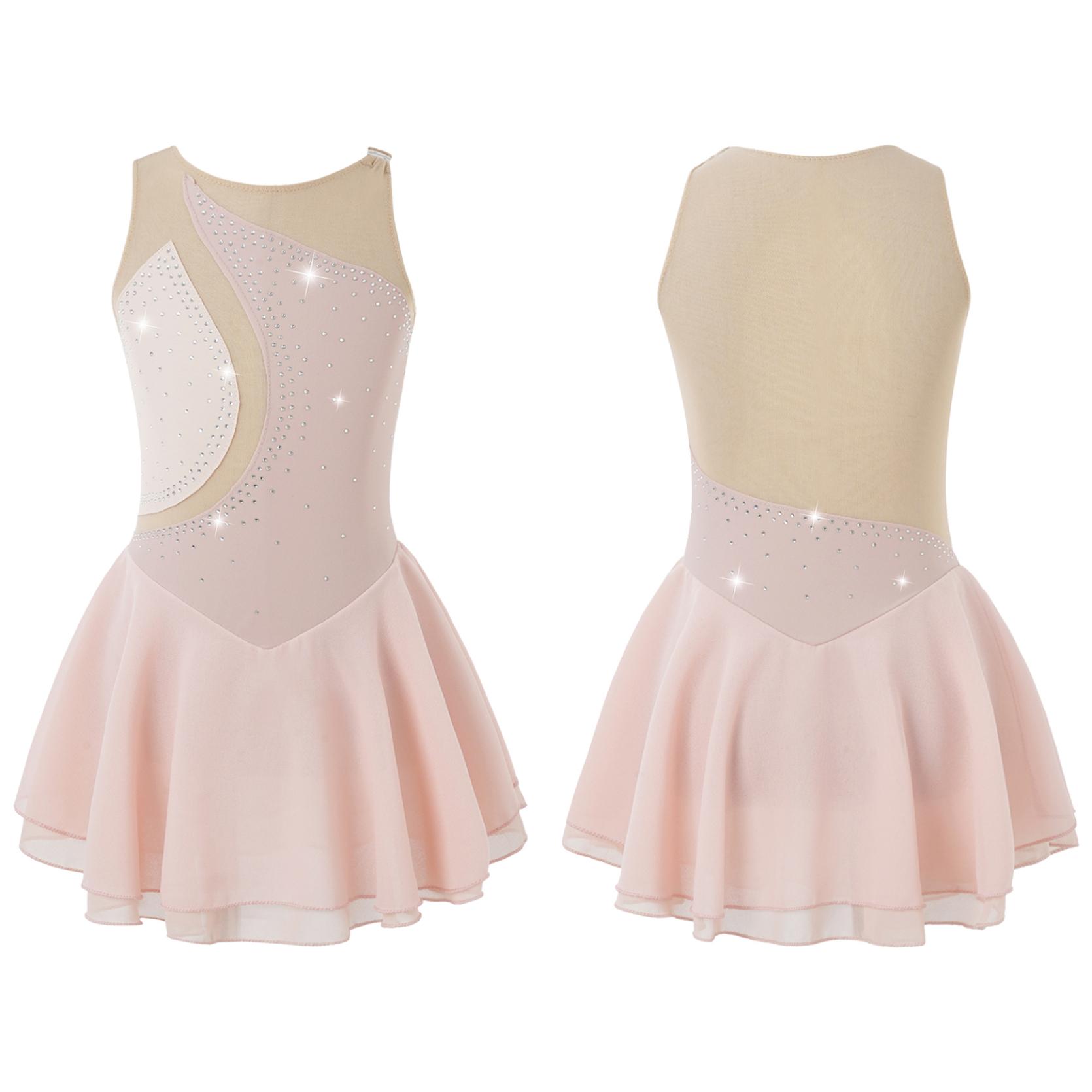 IEFiEL Ballet Dans Jurk Kind Meisjes Strass Mesh Rok Gymnastiek Turnpakje Prestaties Figuur Schaatsen Jurk Danskleding 12-14 Years