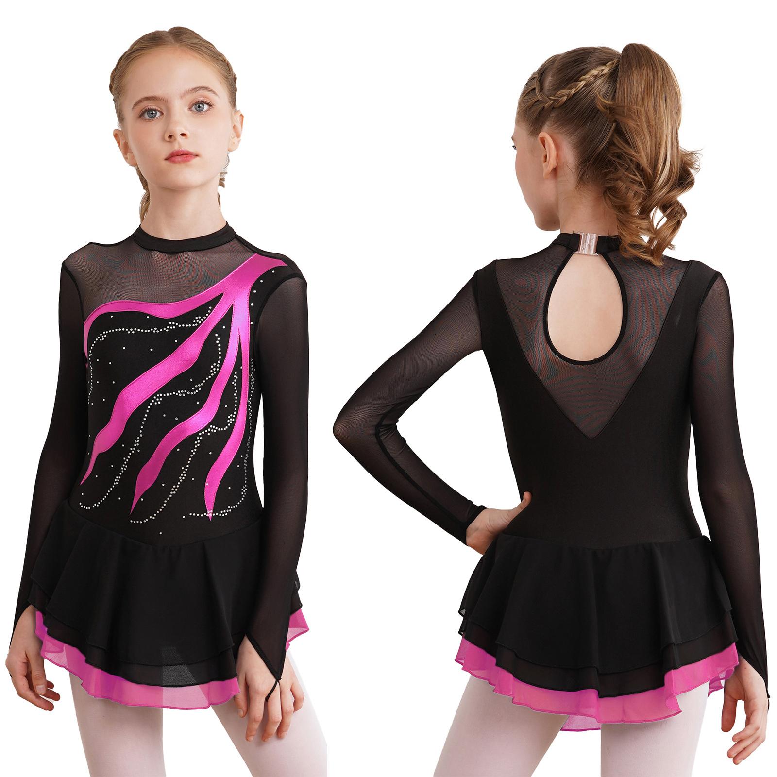 Ranrann Kinderen meisjes lange mouw kunstschaatsjurk glanzende strass mesh tutu ballet gymnastiek dans turnpakje jurk 7-8 Years