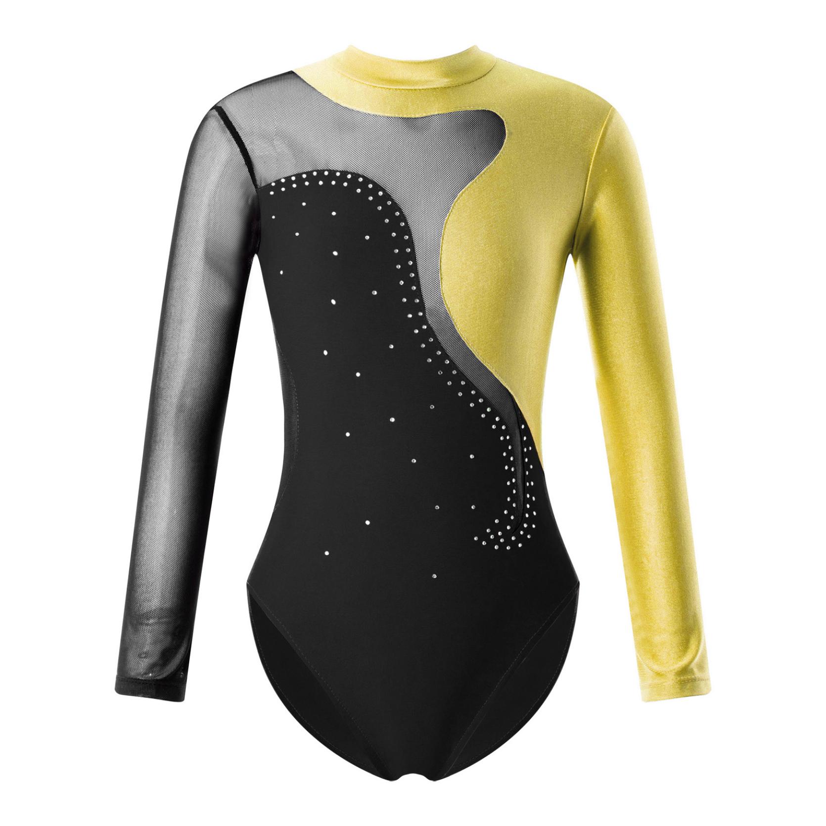 IEFiEL Kinderen Meisjes Ronde Kraag Lange Mouw Glanzend Strass Decor Holle Rug Ballet Dans Turnpakje Schaatsen Jumpsuit 9-10 Years zwart