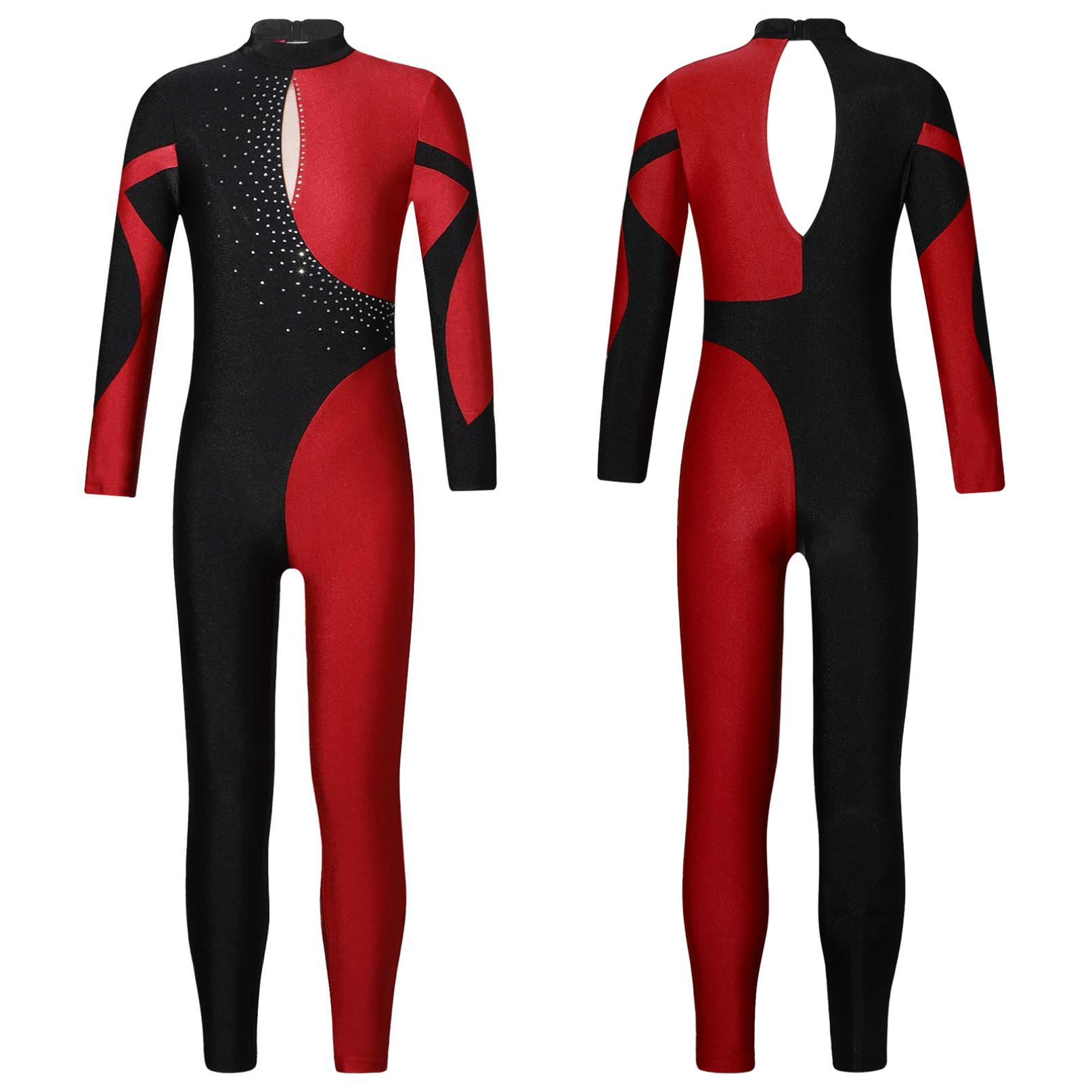 Daenrui Gymnastiek Jumpsuits Kinderen Glanzende Strass Schaatsen Bodysuit Meisjes Lange Mouw Ballet Dans Full Body Maillots Unitards 7-8 Years bordeaux