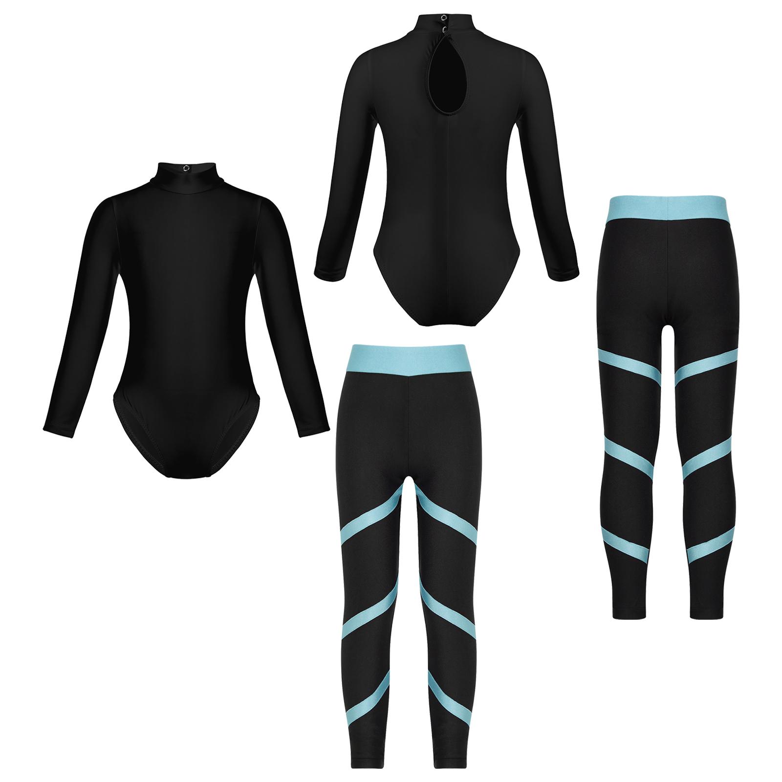 Fldy Kinderen meisjes gymnastiek dans sportsets turnpakje met lange mouwen en leggings danskleding outfits lichtblauwe kleur