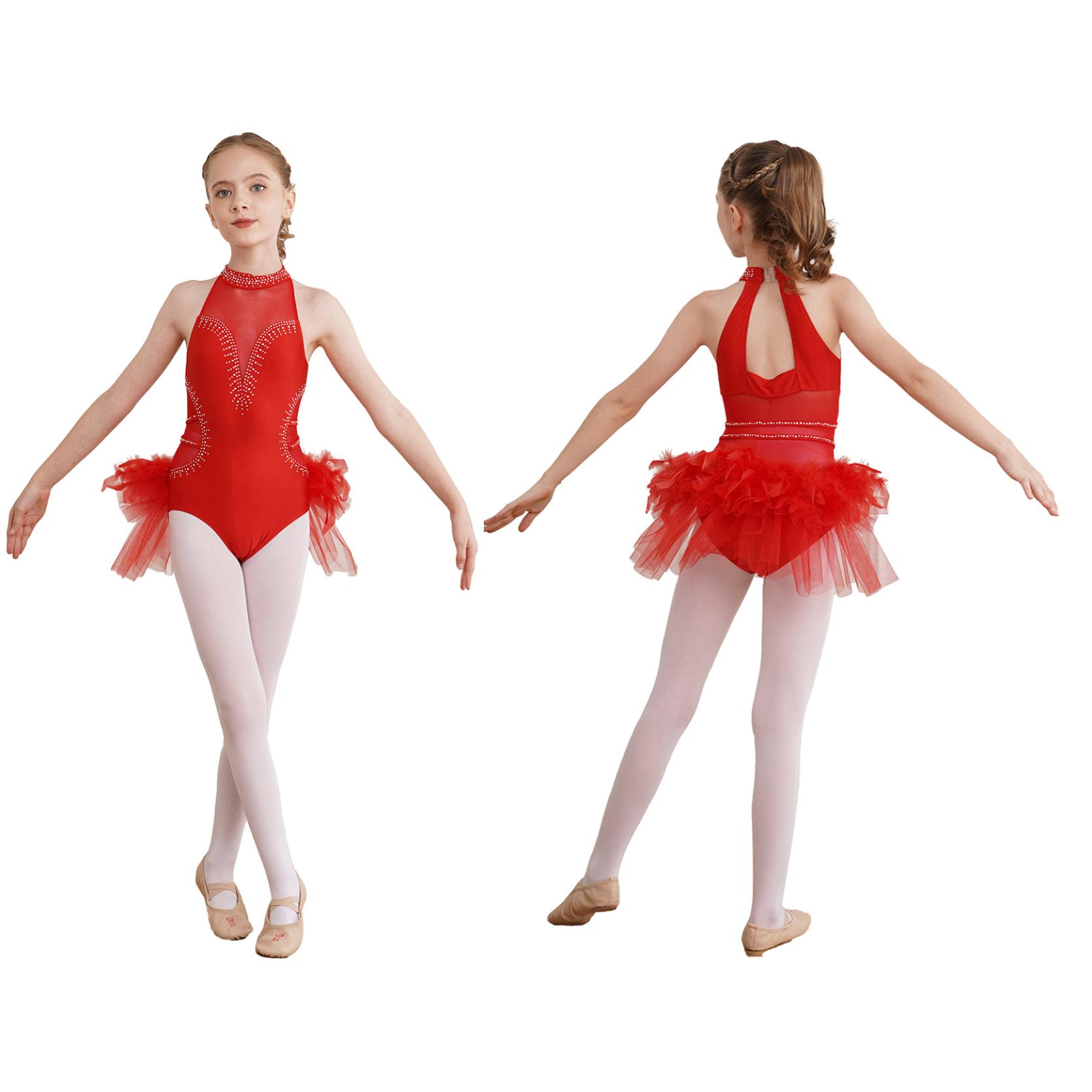 IEFiEL Kinderen meisjes dansvoorstelling kostuum strass mesh patchwork mouwloos turnpakje tule rok bodysuit 5-6 Years rood