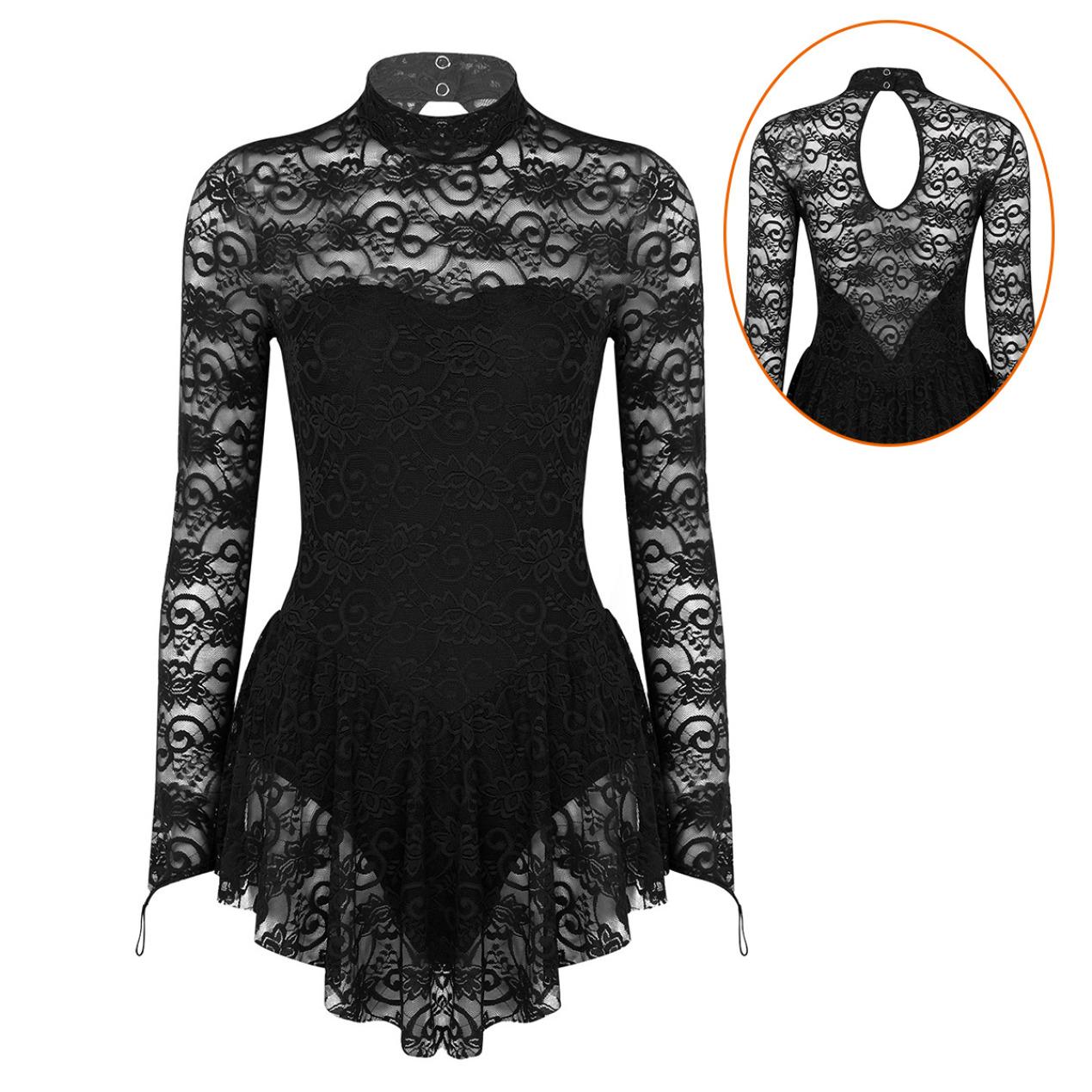 IEFiEL Dames Bloemen Kant Ballet Dans Turnpakje Vingerpuntmouwen Figuur Schaatsen Jurk Kostuum X-Small zwart