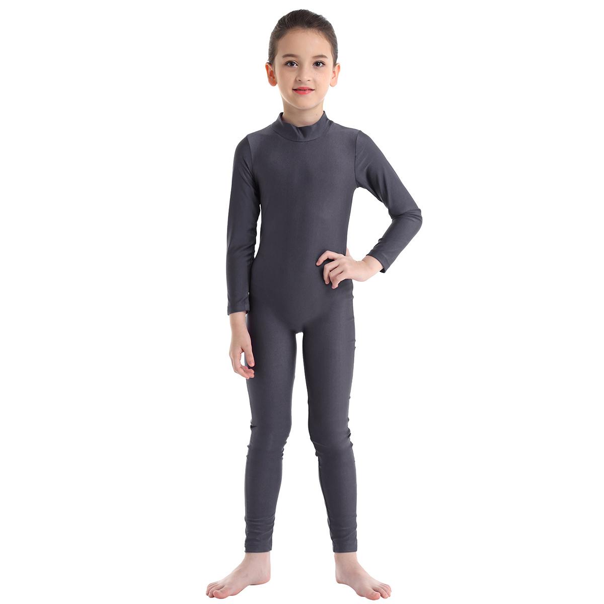 Sywiyi Kinderen Meisjes Lange Mouwen Turnpakje Volledige Lengte Jumpsuit Dansles Ballroom Gymnastiek Unitard 13-14 Years donkergrijze kleur