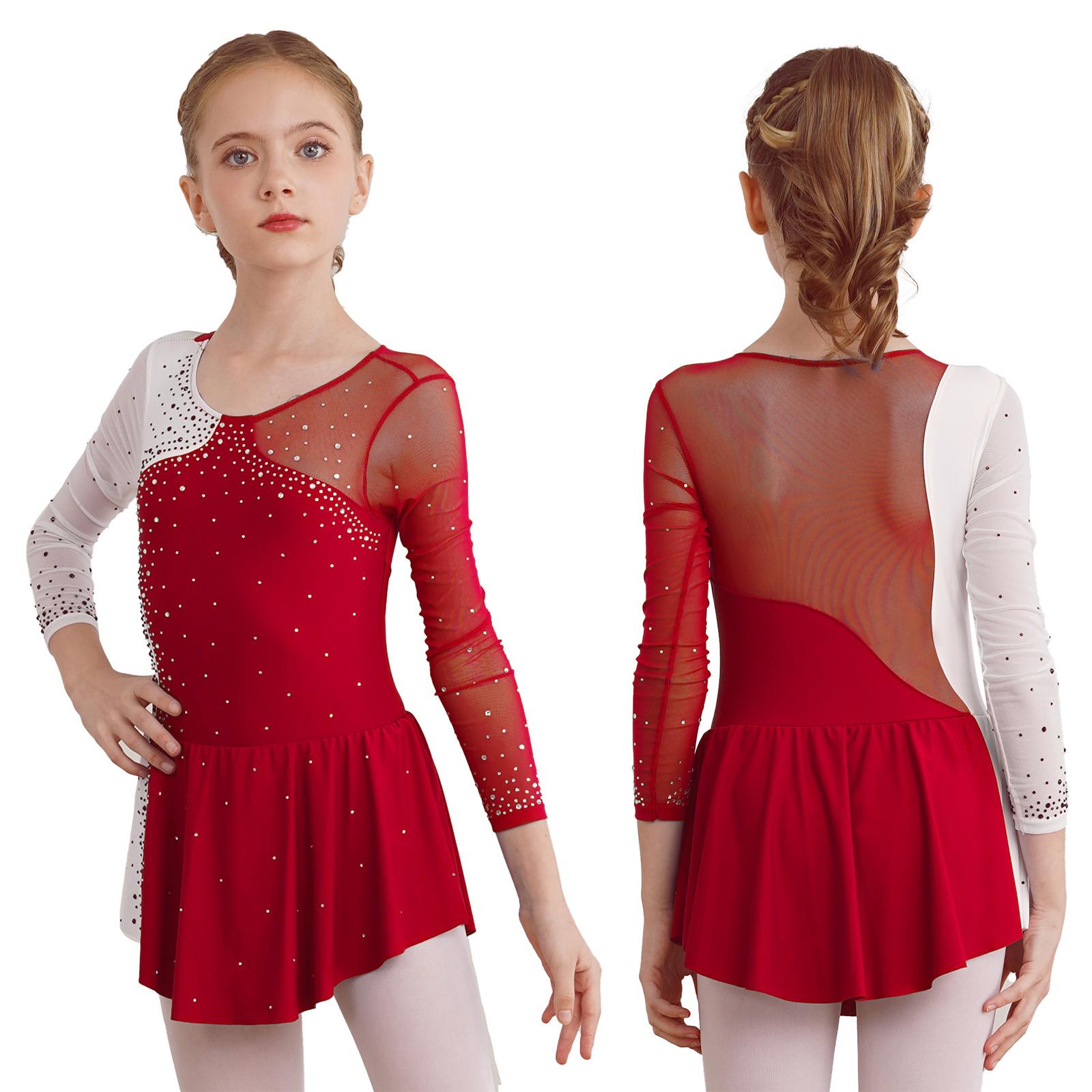 IEFiEL Kinderen Meisjes Kunstschaatsen Jurk Ballet Dans Gymnastiek Leotard Tutu Lange Mouw Glimmende Strass Doorschijnende Mesh Jurken Danskleding 7-8 Years bordeaux