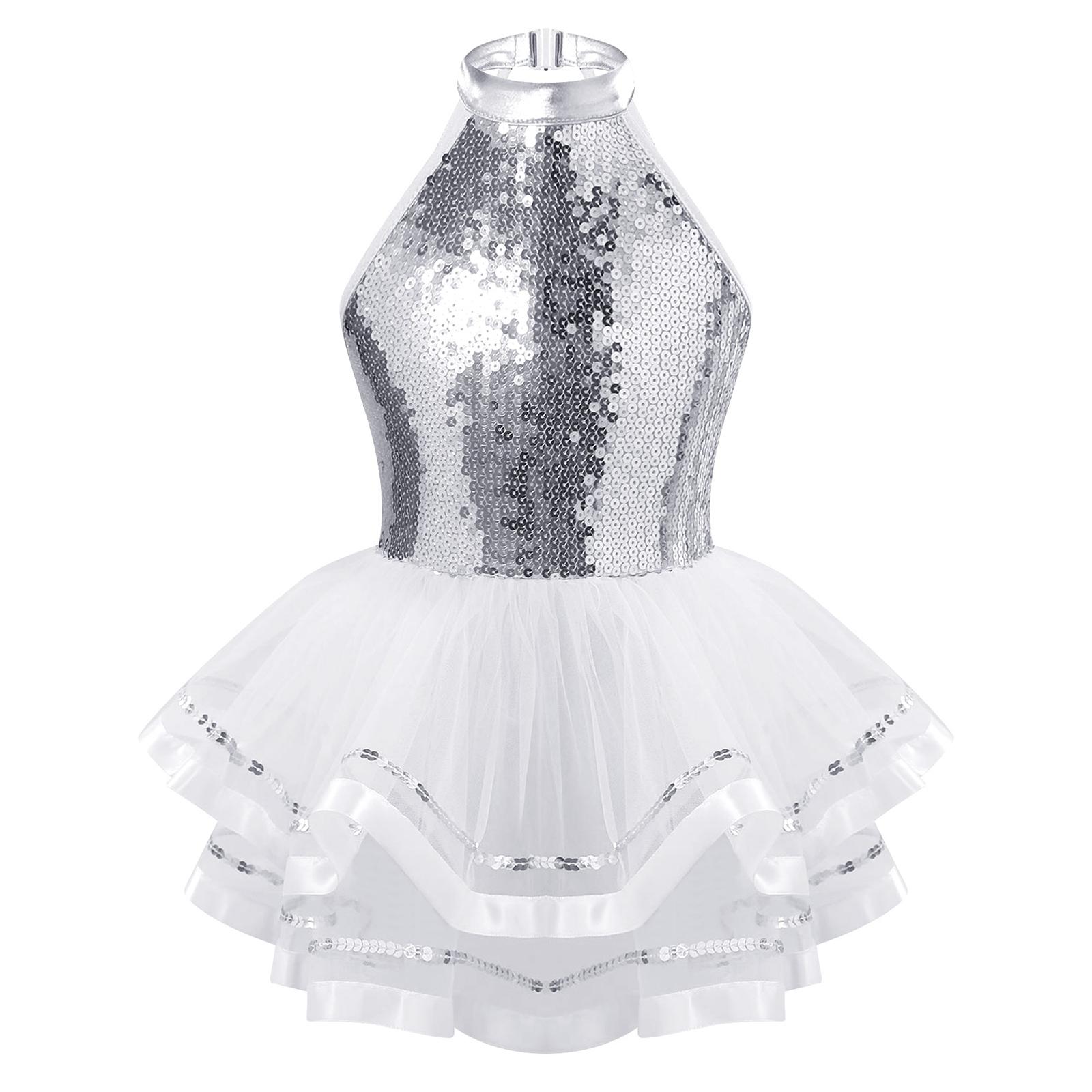 IEFiEL Kinderen Meisjes Sprankelende Pailletten Ronde Hals Ballet Dans Tutu Jurk Gymnastiek Moderne Dansvoorstelling Kostuum 15-16 Years wit