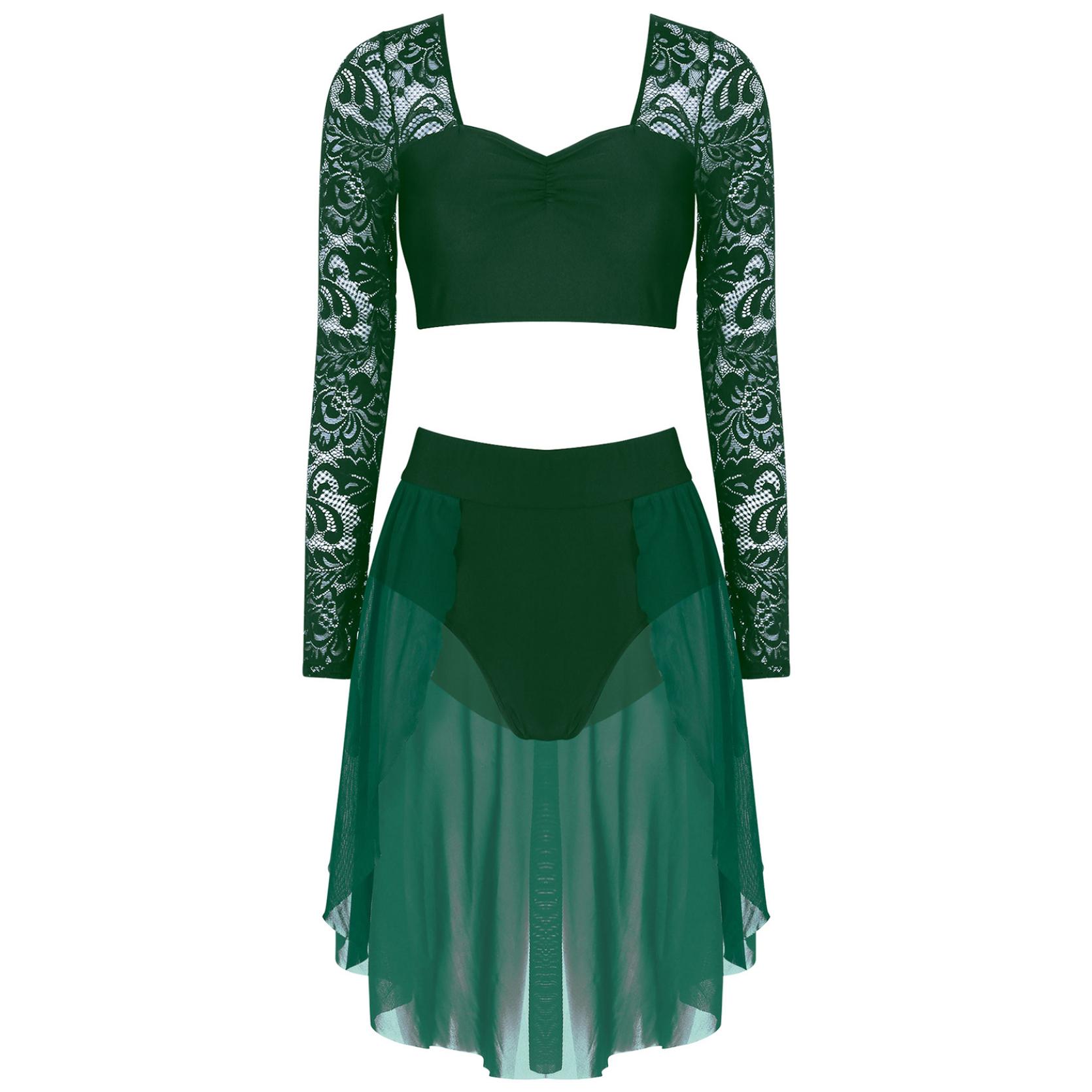 IEFiEL Vrouwen lyrische danskostuum kanten mouwen crop top chiffon vloeiende rok turnpakje tweedelige outfit L