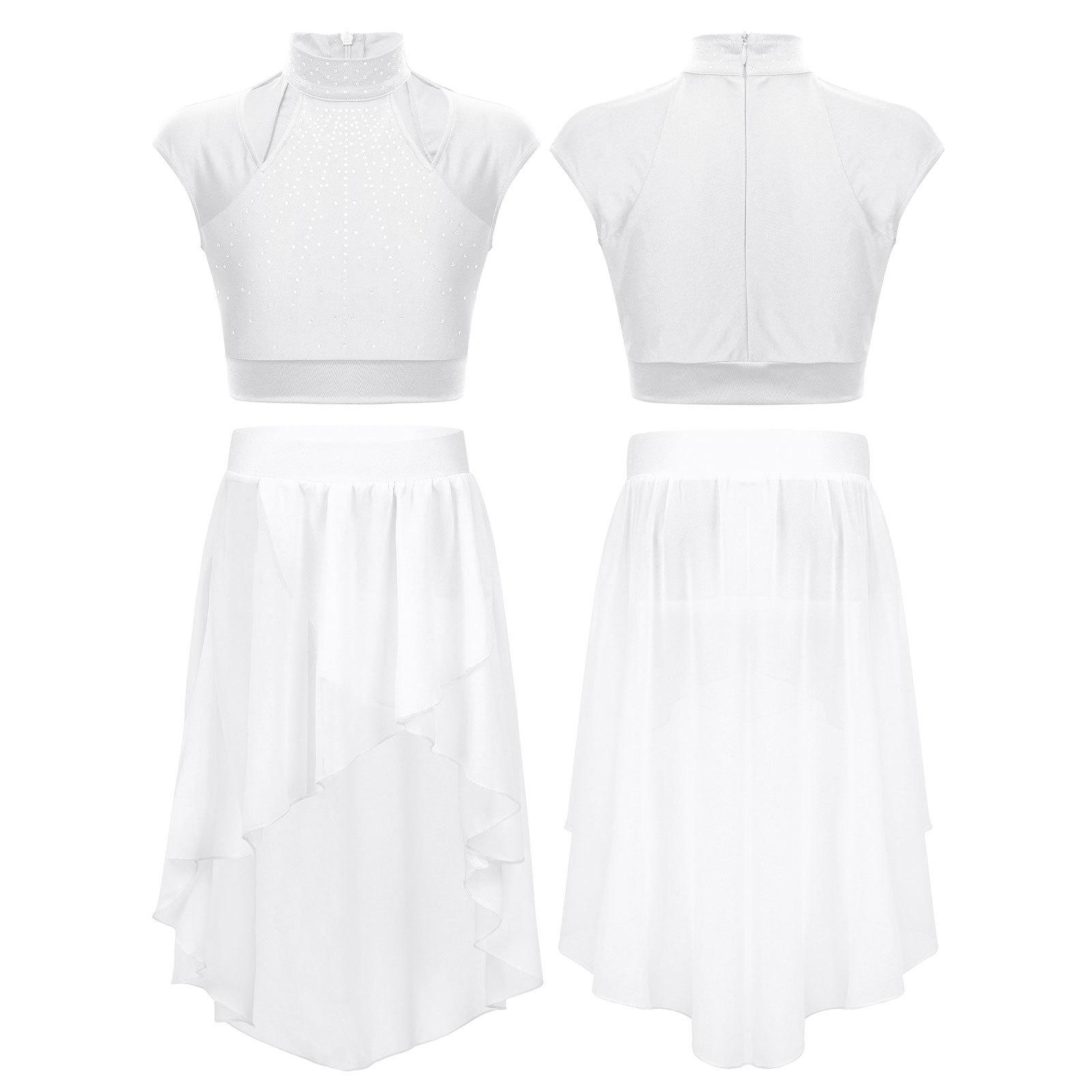 YOOJIA Kinderen Meisjes 2 Stuks Dans Outfit Ballet Gymnastiek Turnpakje Atletische Crop Top met Tutu Rok Lyrische Dans Jurk 15-16 Years wit