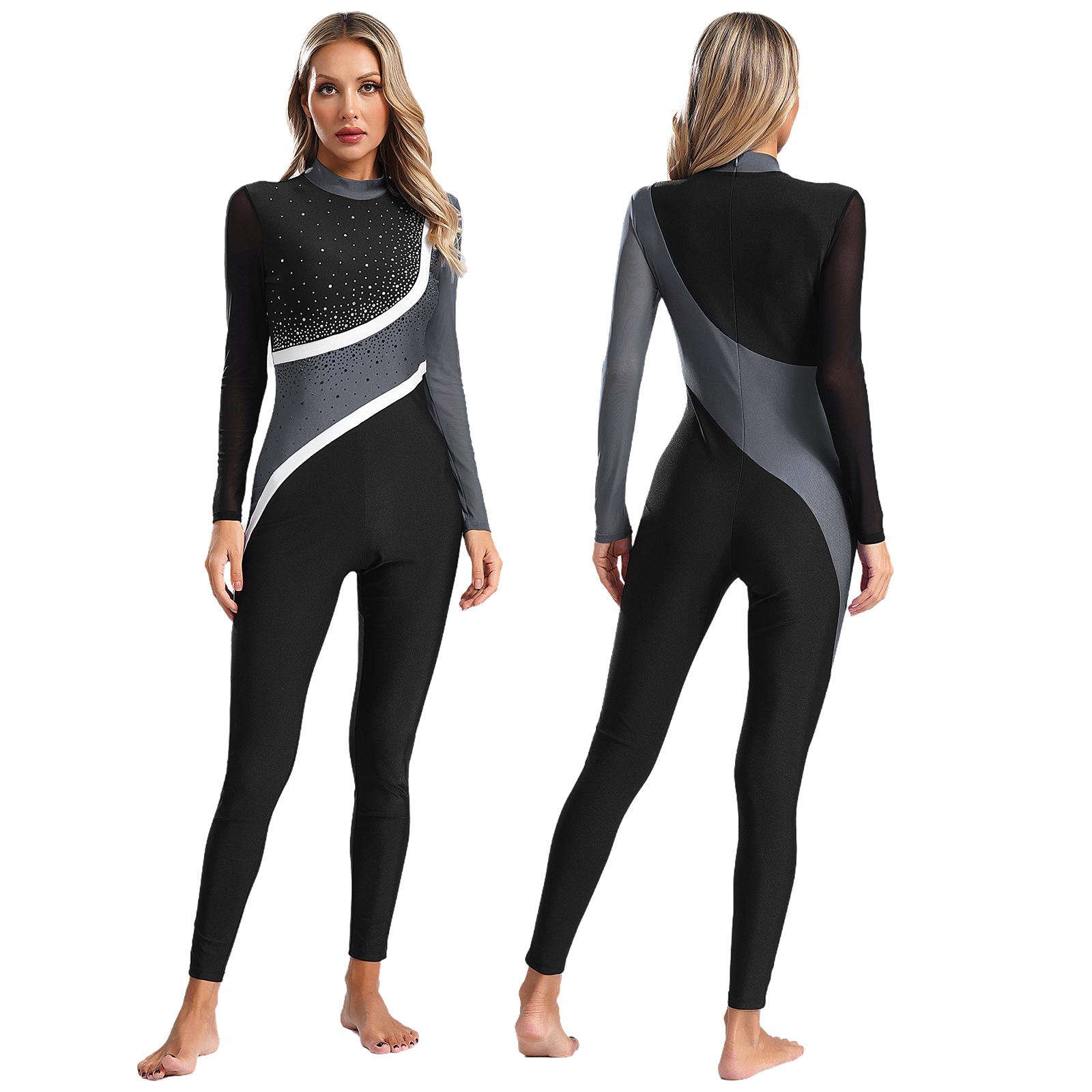 Yunduantong-electronic Gymnastiek Unitards voor dames, jumpsuit, danskleding, glinsterende strass steentjes, volledig lichaamspak, doorschijnend mesh, lange mouwen, kunstschaatsbody L