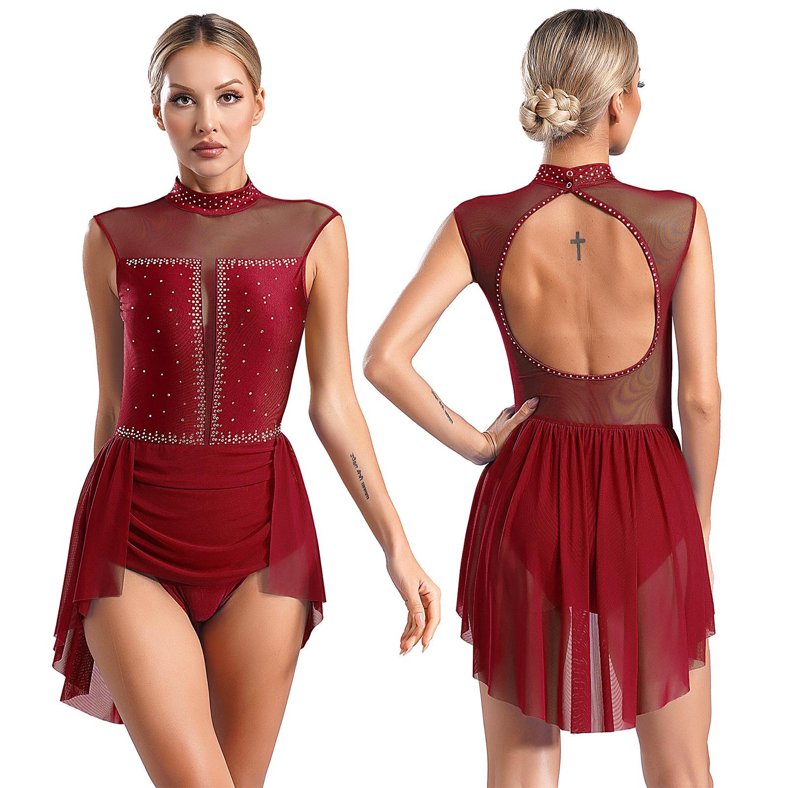 Sxiwei Vrouwen Ballet Lyrical Dans Kostuum Danskleding Rugloos Transparant Mesh Glinsterende Strass Gymnastiek Leotard Kunstschaatsjurk M bordeaux