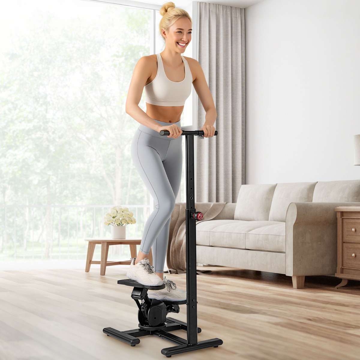 Costway Trainingstoestellen met in Hoogte Verstelbaar Stuur Antislippedalen Fitnessapparaat met Hydraulische Weerstand & LCD-Display Zwart