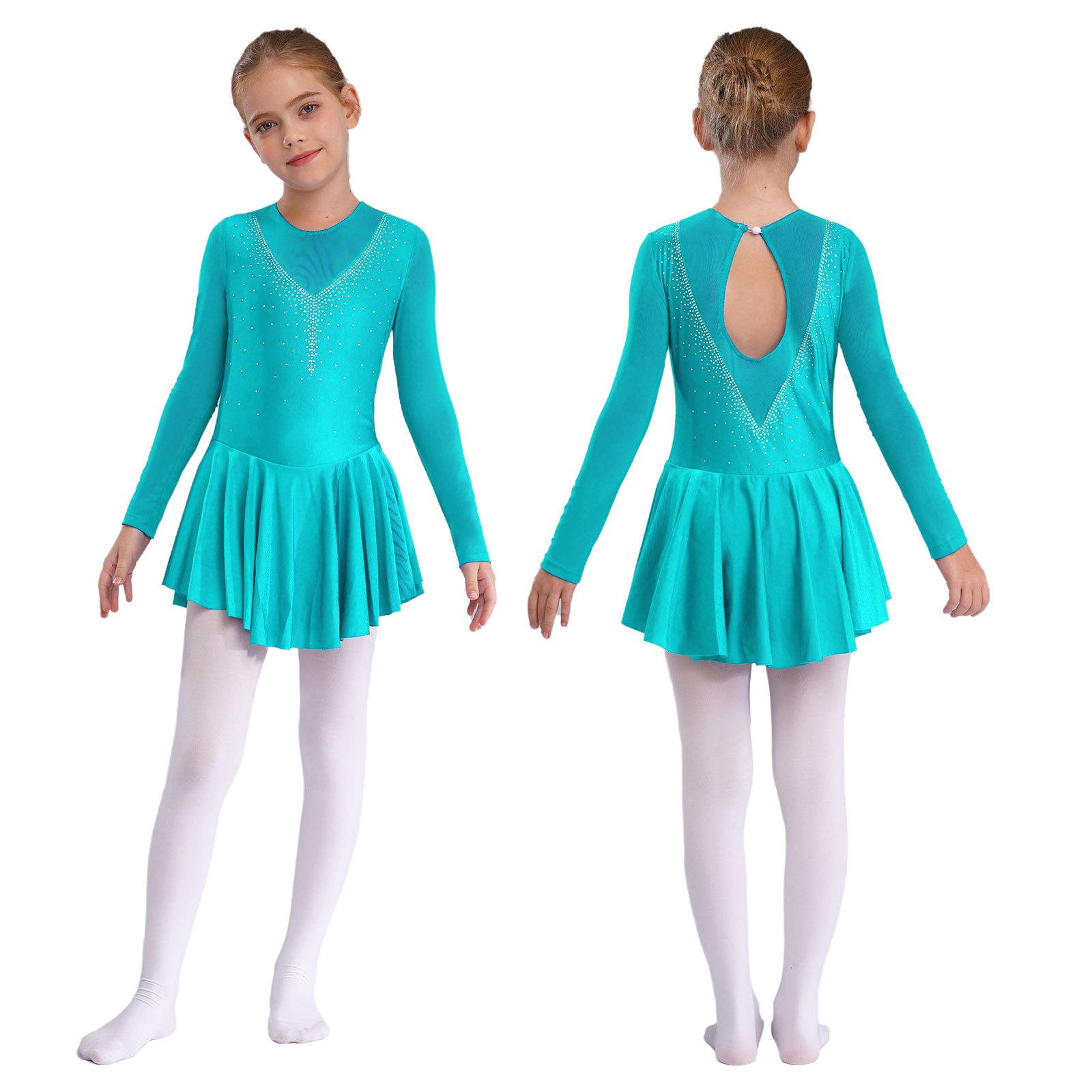 ZDHoor Stijlvolle jurk voor kinderen, meisjes, lange mouwen, sprankelende strass, patchwork-stijl, gymnastiek turnpakje, danskleding 15-16 Years meer groene kleur