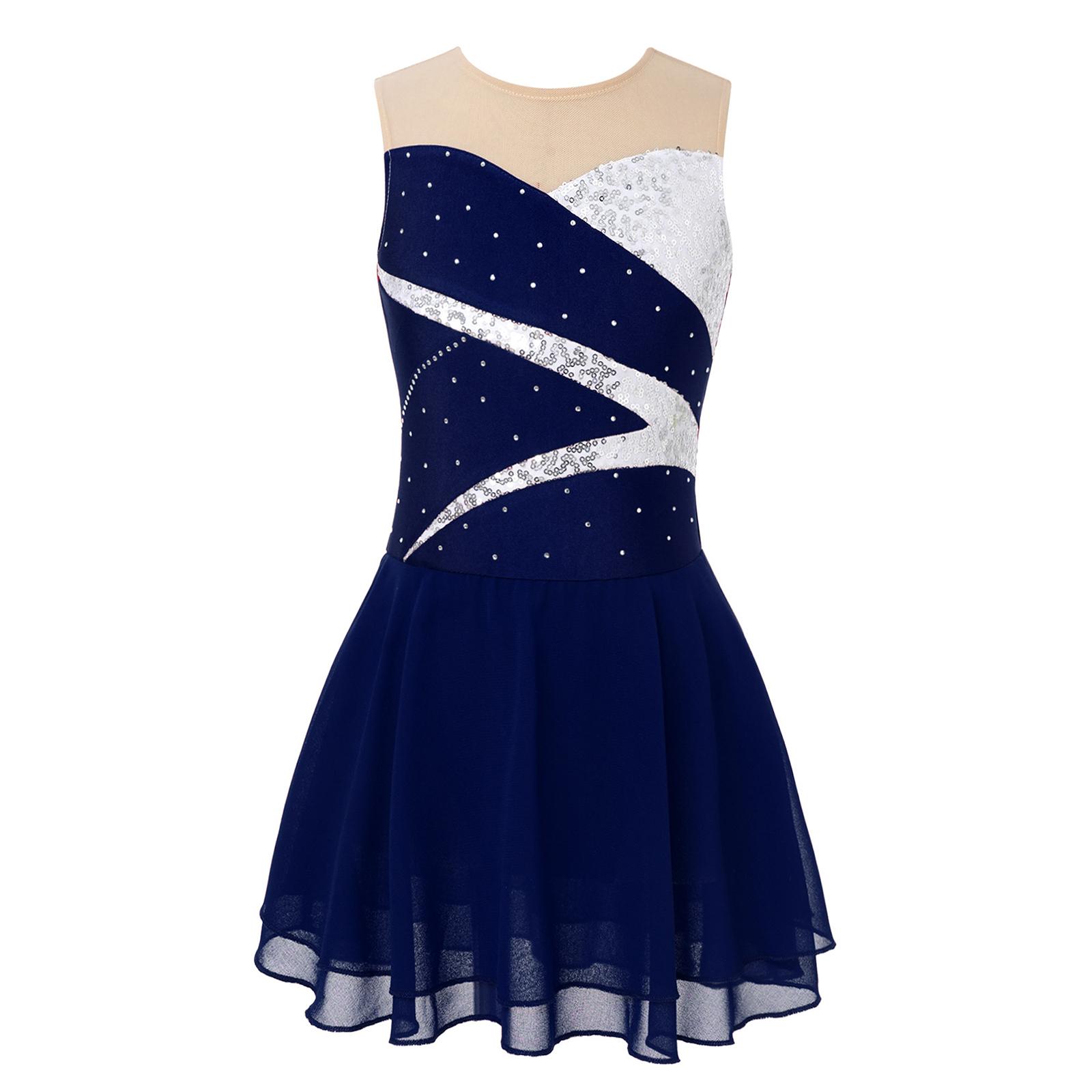 Sywiyi Kinderen Meisjes Dans Mesh Splice Mouwloos Ballet Turnpakje Jurk Dancewear Schaatsen Kostuums 9-10 Years donkerblauwe kleur