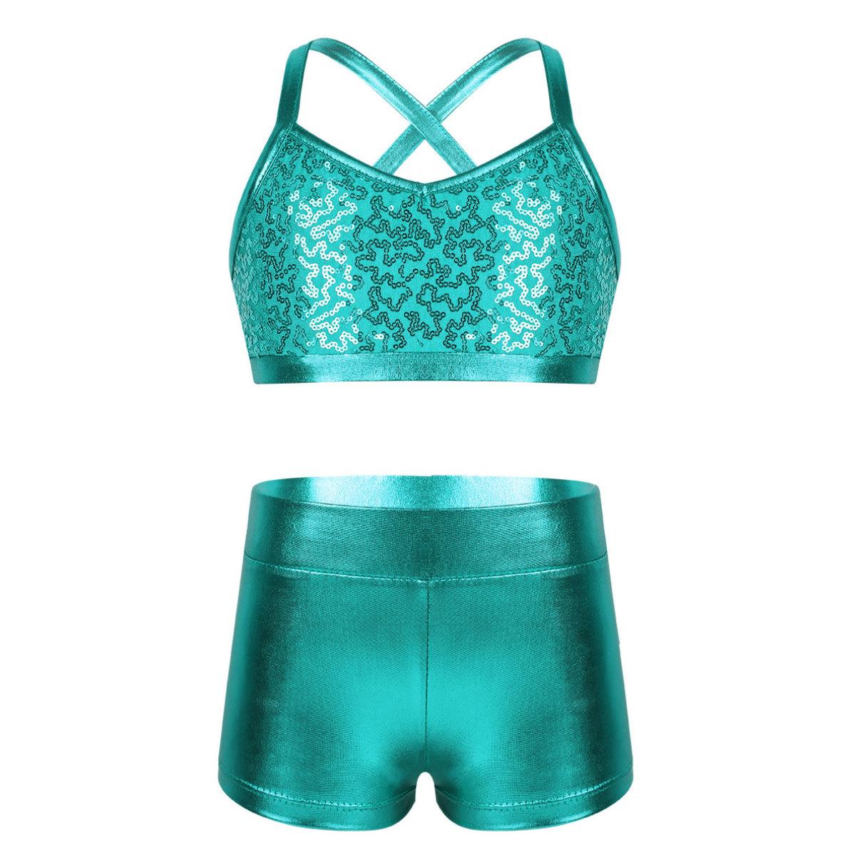 HULIJA Kinderen meisjes 2-delig gymnastiek turnpakje pailletten crop top atletische shorts balletdans tankinisets 8-10 Years