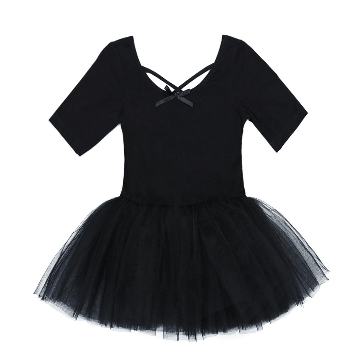 YONGHS Kleine grote meisjes korte mouw Tutu Tule ballet dans gymnastiek turnpakje jurk danskleding 4-5 Years zwart