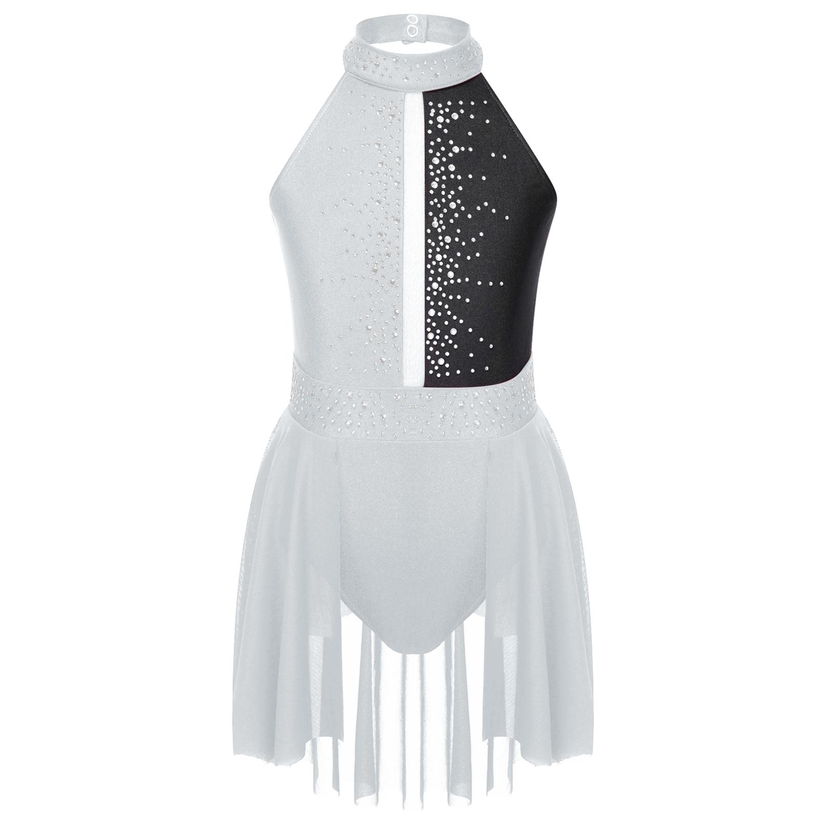 HULIJA Kids Meisjes Ballet Turnpakje Tutu Dans Jurk Mouwloze Strass Lyrische Dans Jurk Ballerina Gymnastiek Turnpakje Toneelkostuum 15-16 Years wit/zwart