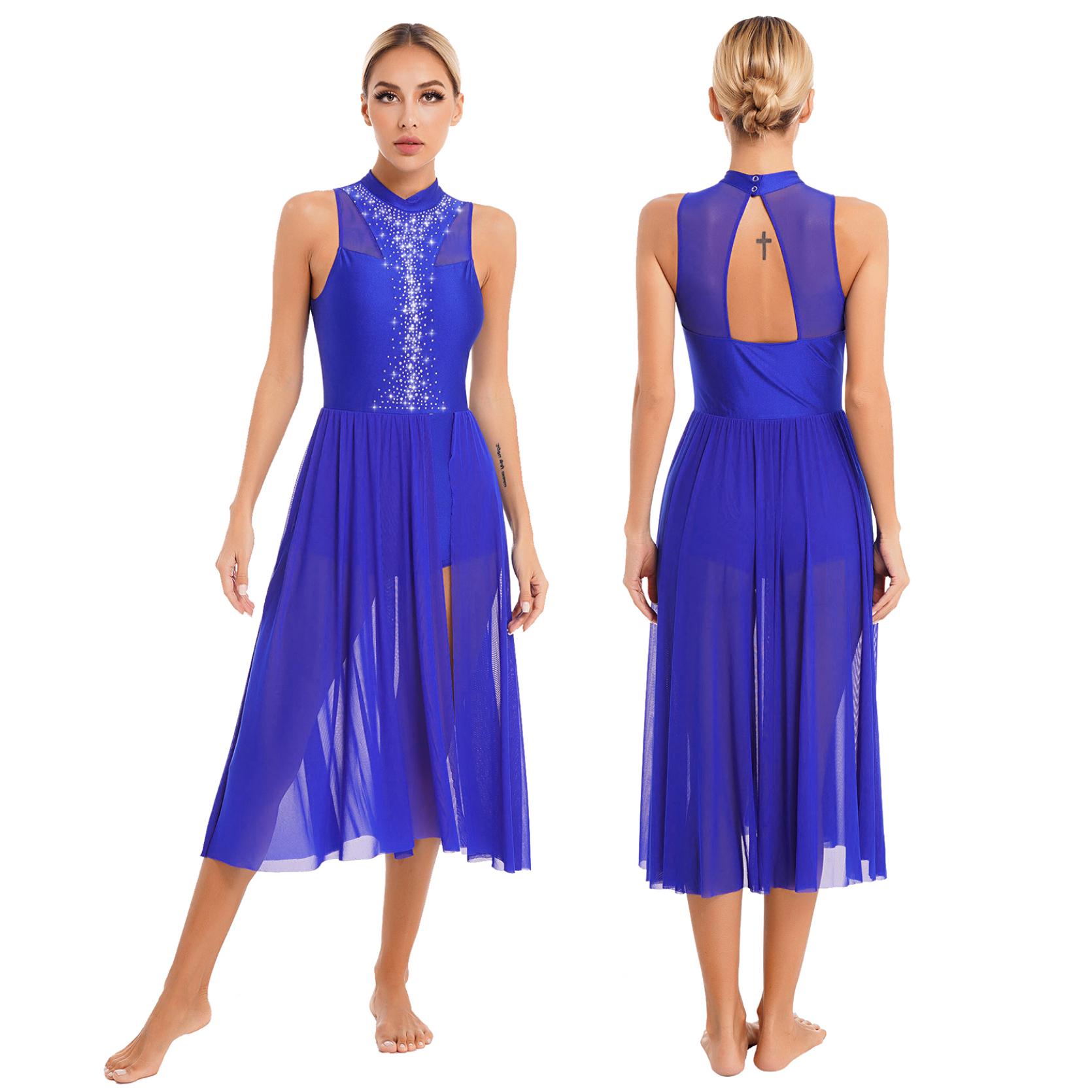IEFiEL Dames Asymmetrische Balletjurk Strass Ballroom Lyrische Hedendaagse Moderne Danskostuums Toneelvoorstelling Turnpakje Jurk S koningsblauwe kleur