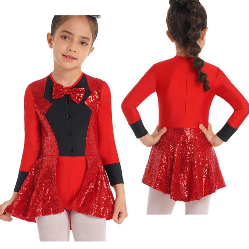 IEFiEL Kinderen Meisjes Lange Mouw Ballroom Latin Jazz Ballet Dans Jurk Strikje Pailletten Decor Turnpakje Dancewear Cosplay Kostuum 8-10 Years rood
