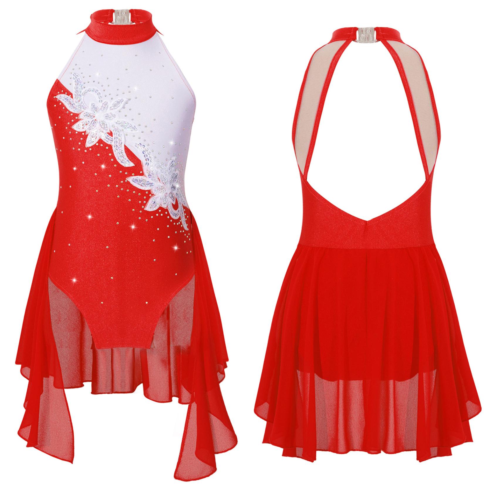 IEFiEL Kid Meisjes Ballet Gymnastiek Turnpakje Jurk Strass Pailletten Lyrische Dans Figuur Schaatsen Jurk Ballerina Stadiumkostuums 9-10 Years rood