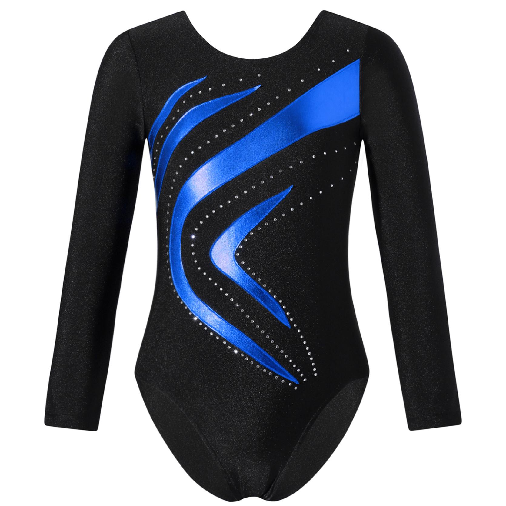 IEFiEL Kinderen meisjes glanzend strass decor gymnastiek turnpakje ronde hals lange mouw fitness dans bodysuit outfit 11-12 Years koningsblauwe kleur