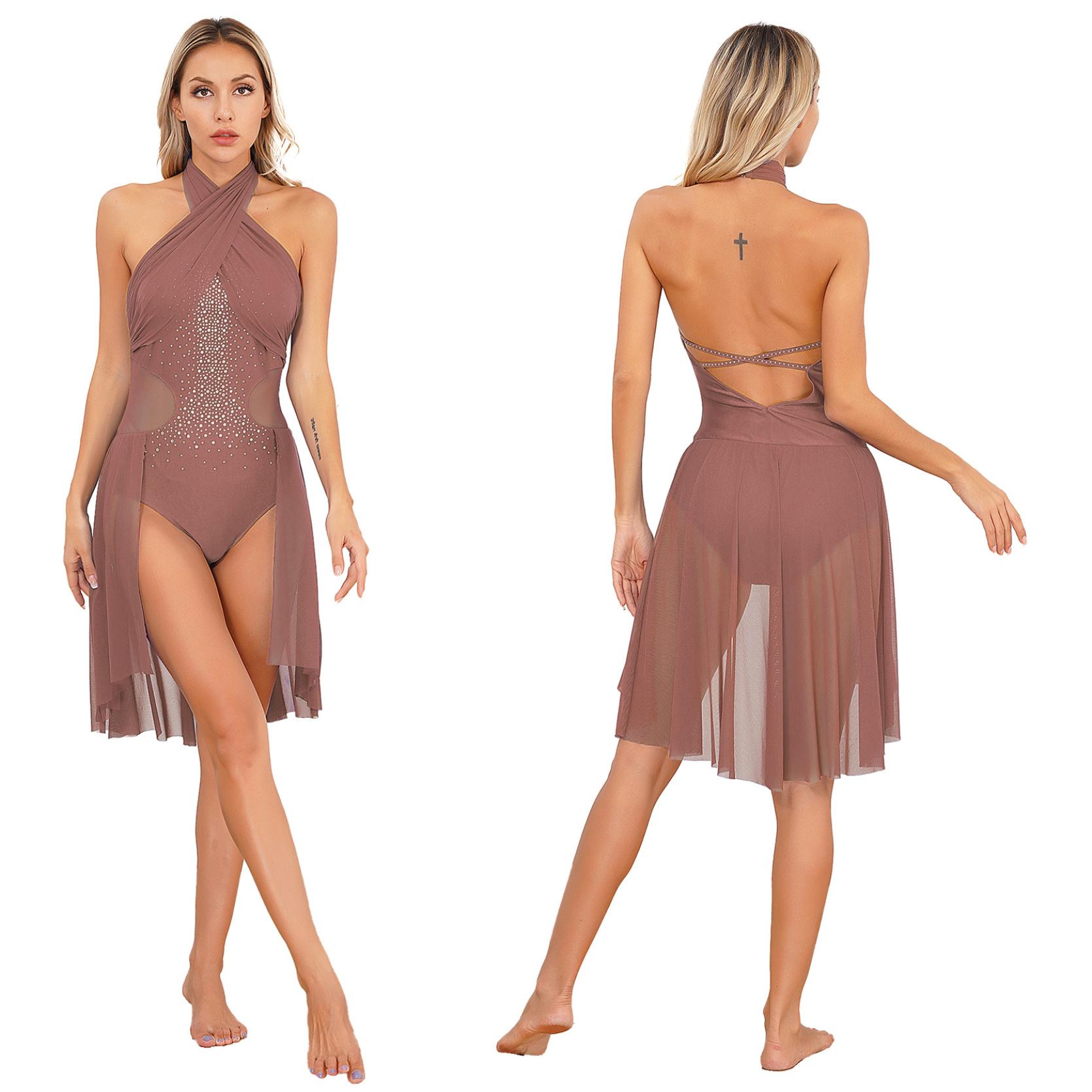 IEFiEL Dames volwassen ballet hedendaagse dansjurk lyrische chiffon flowy jurk mouwloze kunstschaatsen gymnastiek turnpakje jurk S stofstorm kleur