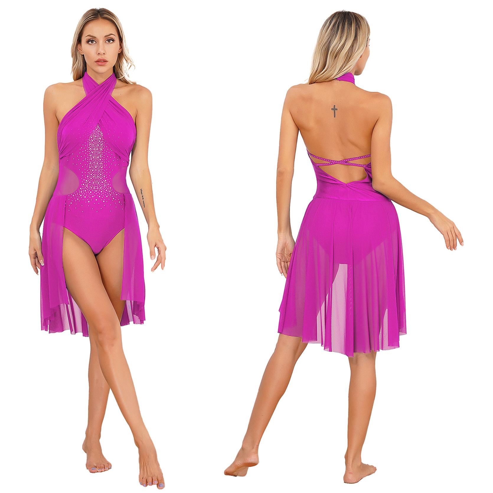 IEFiEL Dames volwassen ballet hedendaagse dansjurk lyrische chiffon flowy jurk mouwloze kunstschaatsen gymnastiek turnpakje jurk S warm roze kleur