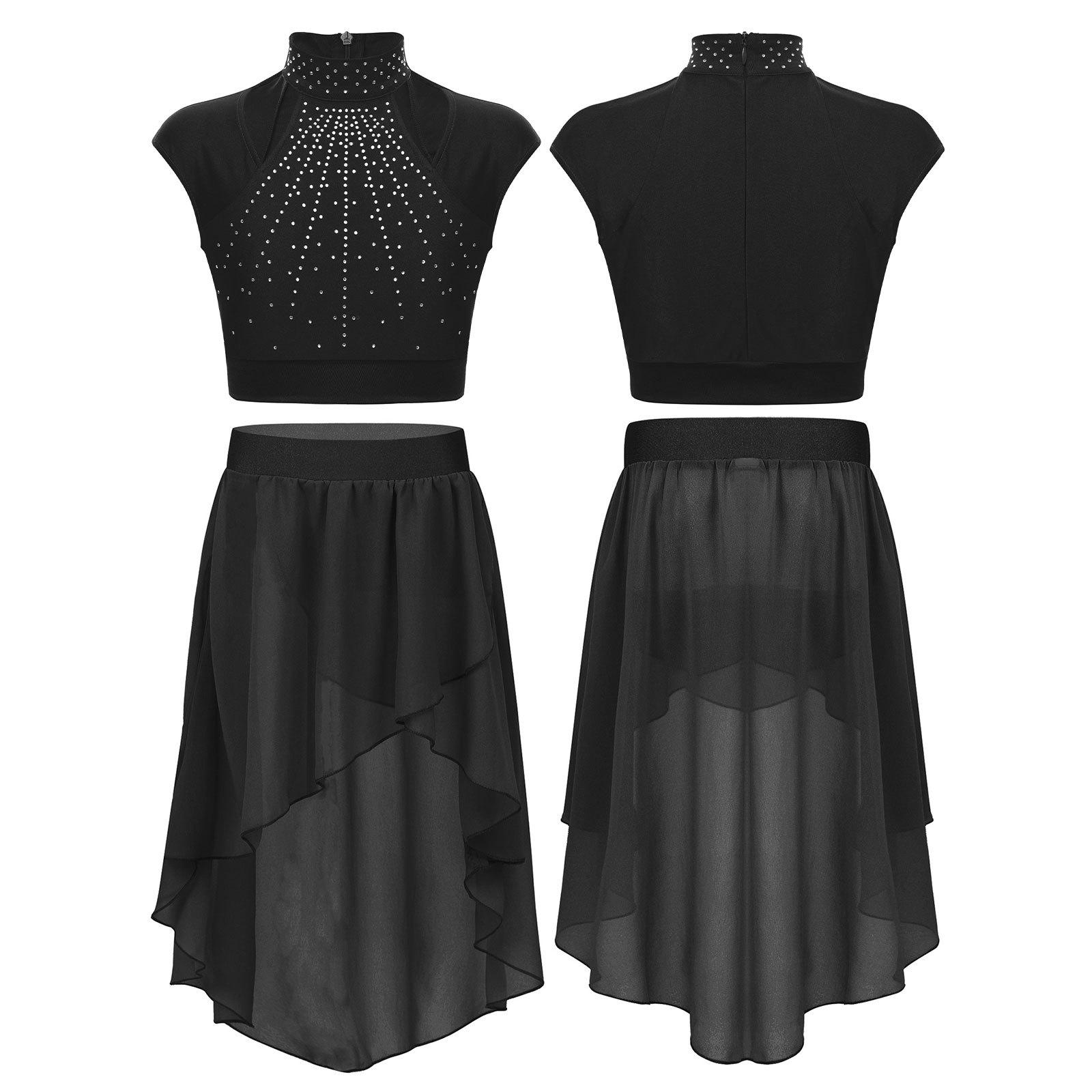 Yeahdor Meisjes Lyrical Dance Dress Crop Top met Tutu Rok Tweedelige Danskleding Gymnastiekoutfits 11-12 Years zwart
