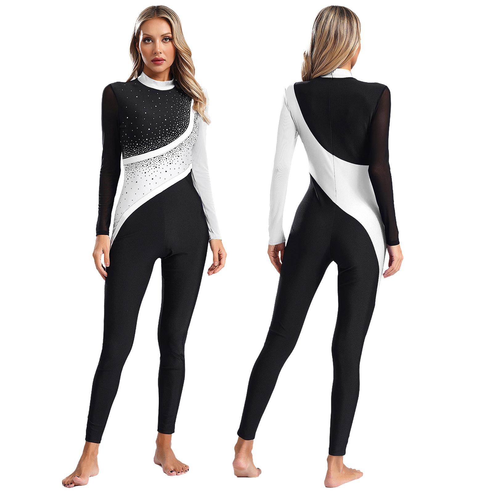Yunduantong-electronic Gymnastiek Unitards voor dames, jumpsuit, danskleding, glinsterende strass steentjes, volledig lichaamspak, doorschijnend mesh, lange mouwen, kunstschaatsbody L wit