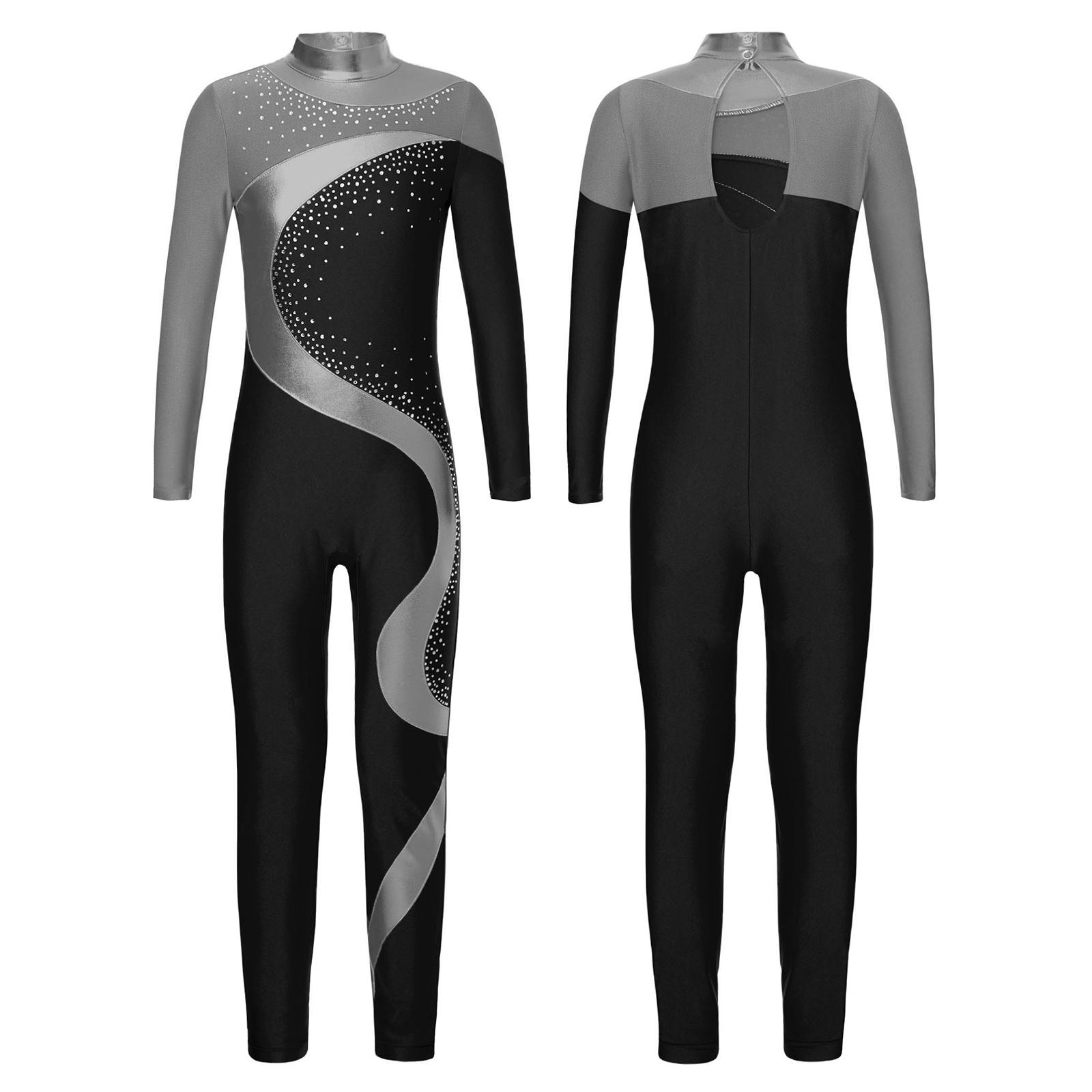Yunduantong-electronic Kinderen Full Body Unitard Ballet Bodysuit Jumpsuits Strass Danskleding Meisjes Kunstschaatsen Dans Artistieke Gymnastiek Actieve kleding 15-16 Years grijze kleur/zwart
