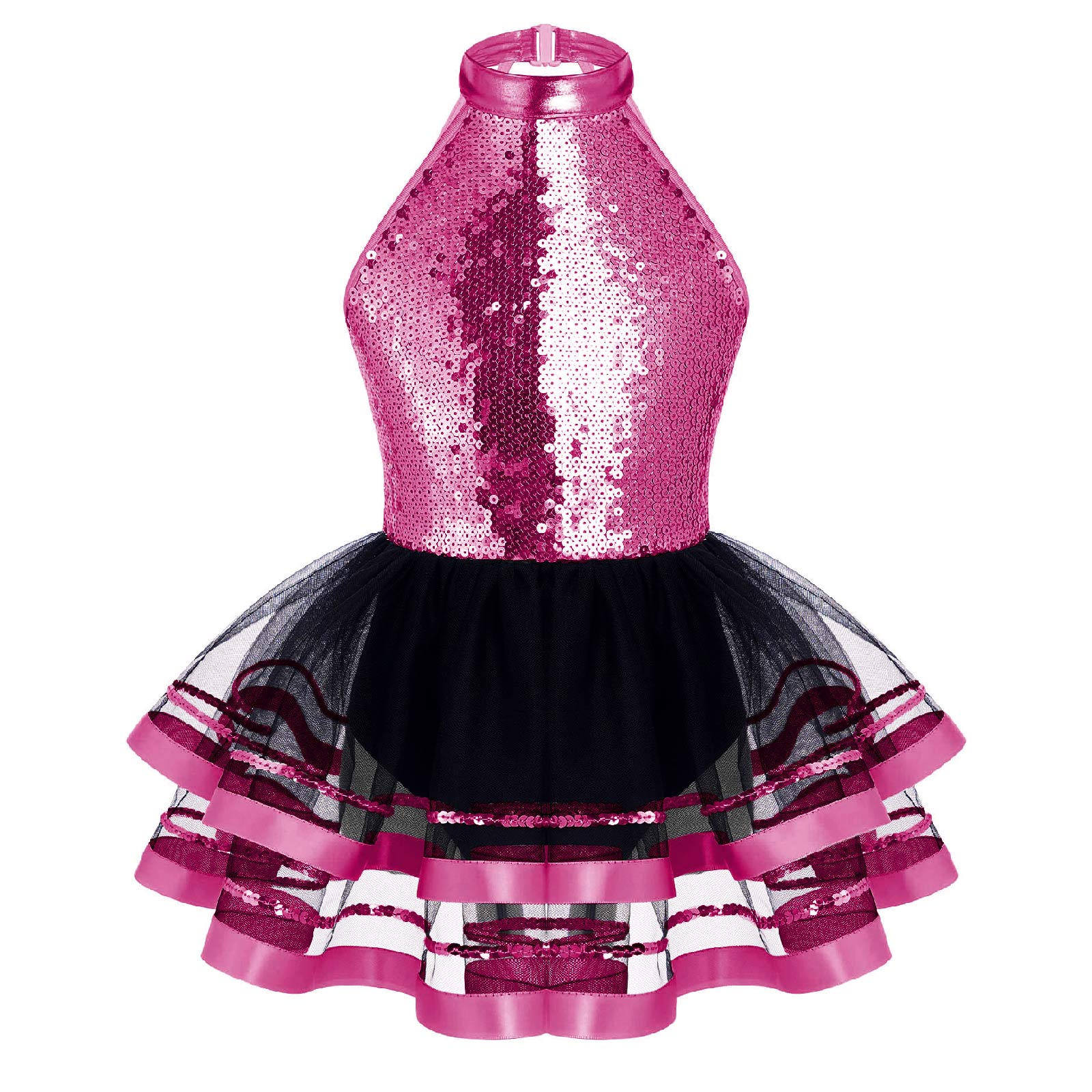 RUNQHUI Meisjes Kids Sprankelende Pailletten Ballet Tutu Jurk Moderne Jazz Dans Outfit Stage Performance Kostuum Danskleding 11-12 Years helder roze