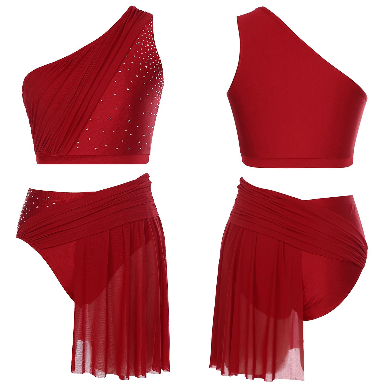 Sxiwei Vrouwen Lyrical Dance Kostuum Een Schouder Crop Top met Mesh Rok Slip Tweedelige Moderne Hedendaagse Outfit M bordeaux