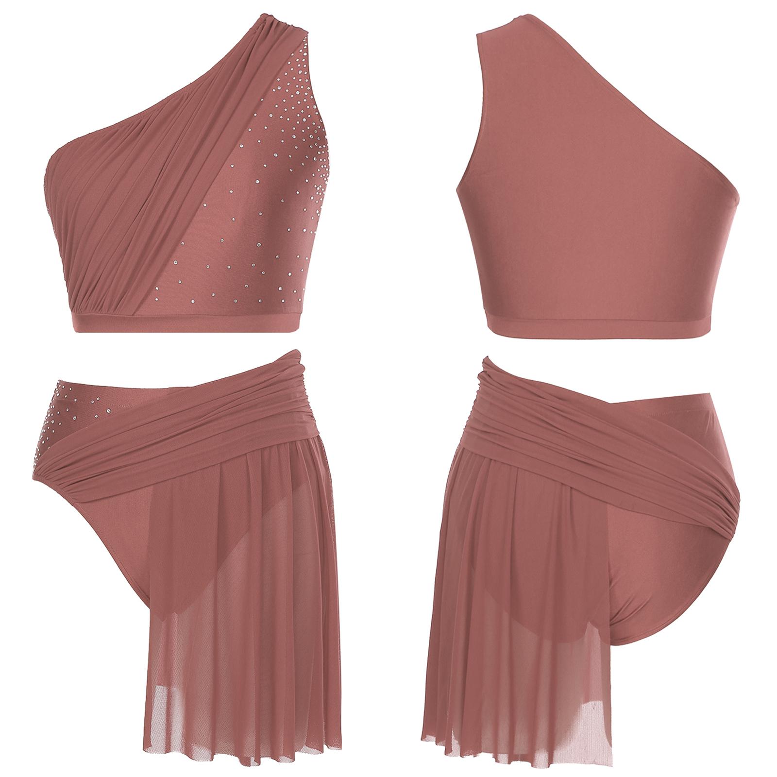 Sxiwei Vrouwen Lyrical Dance Kostuum Een Schouder Crop Top met Mesh Rok Slip Tweedelige Moderne Hedendaagse Outfit M roze