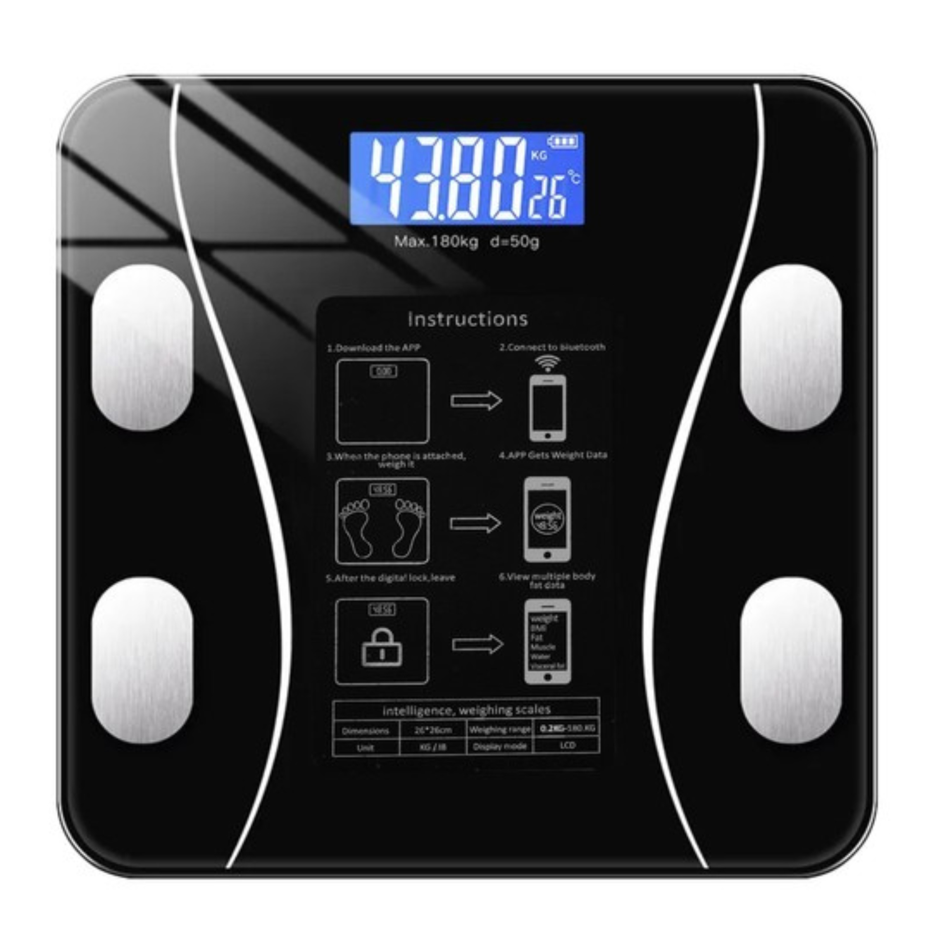 Ruhhy Personen LCD weegschaal - glas - 26 x 26 cm - digitaal - tot 180 kilo -
