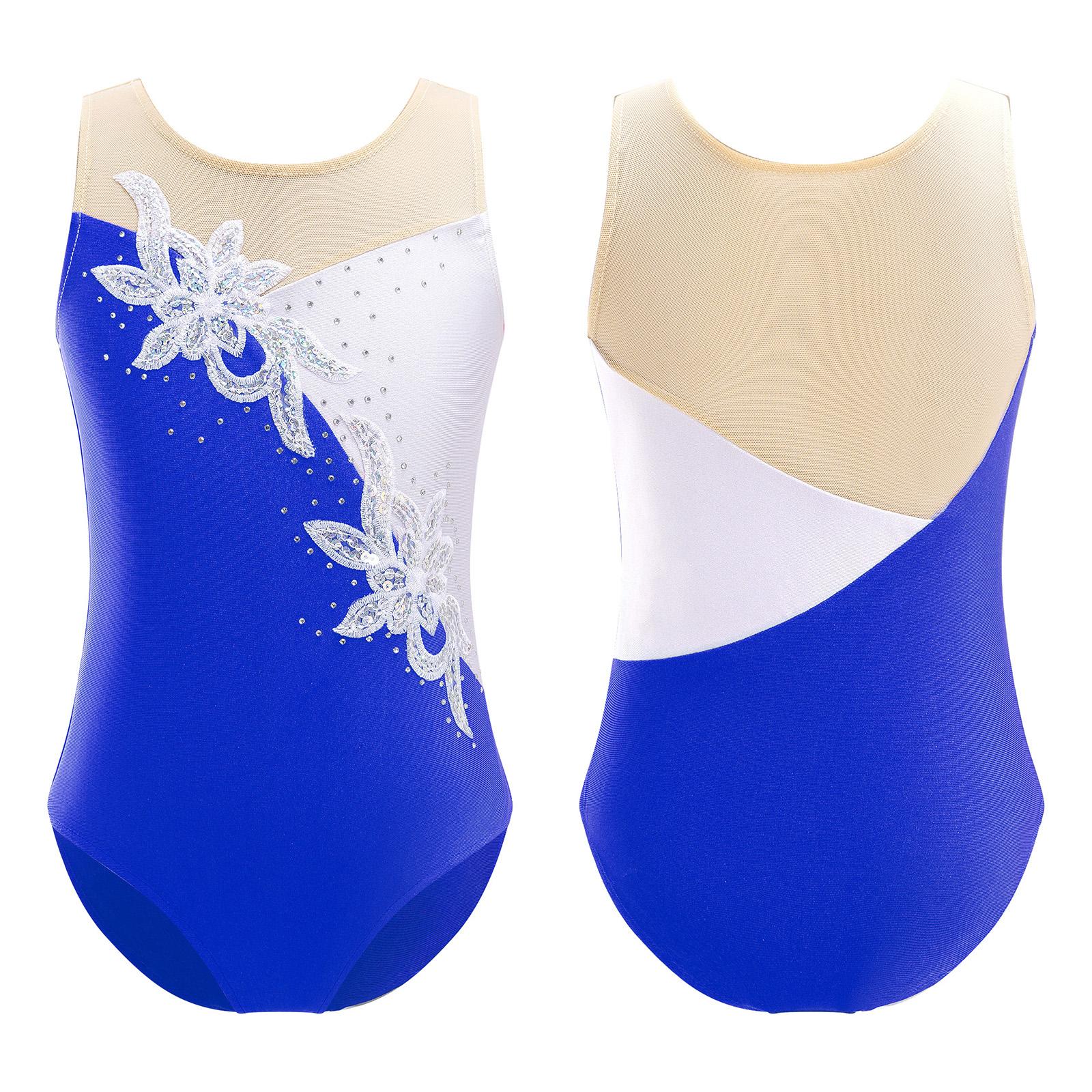 Fldy Eendelige meisjes gymnastiek training turnpakje mesh patchwork stijl danskleding kinderen schaatsen bodysuit 7-8 Years koningsblauwe kleur