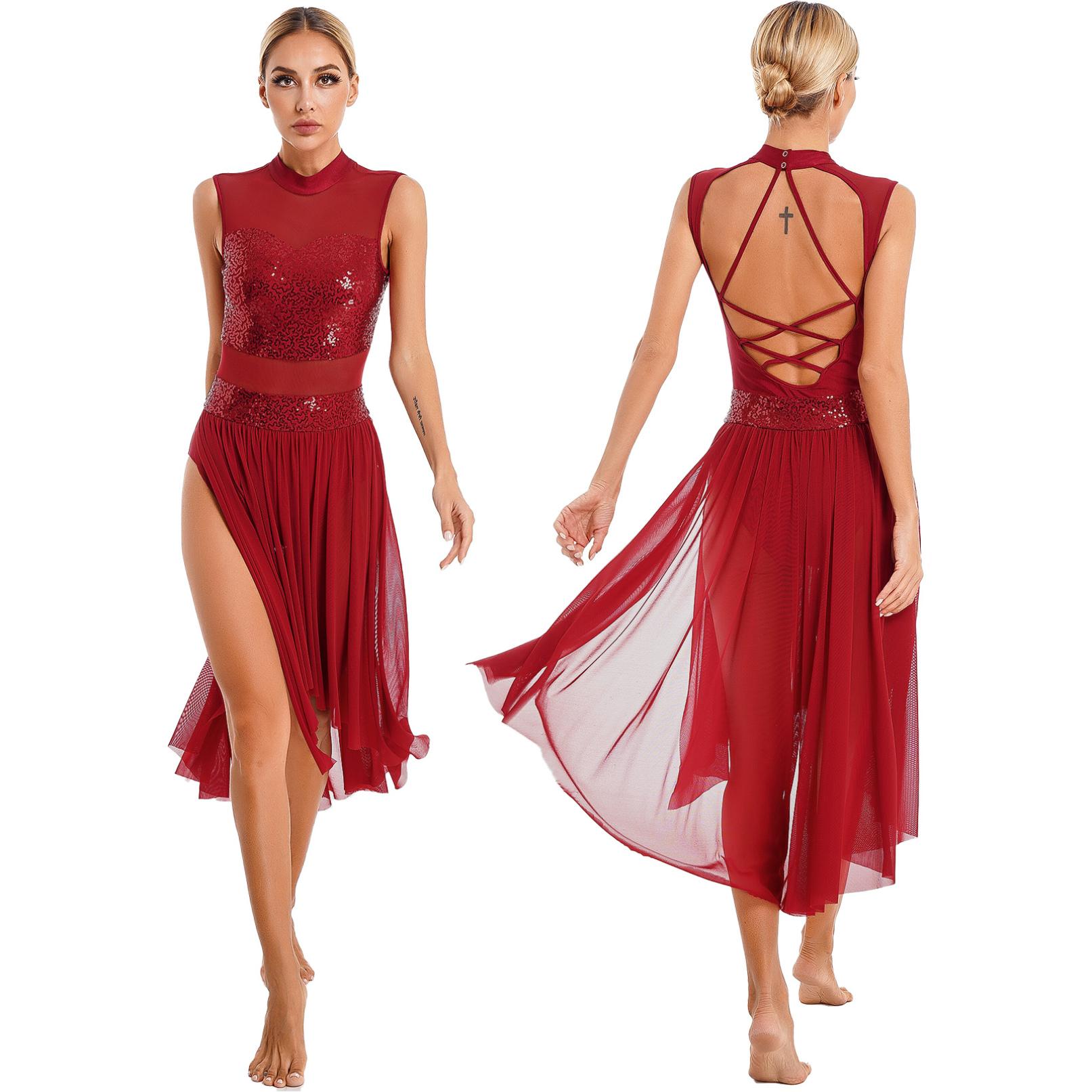 YONGHS Womens hedendaagse lyrische dans jurk sprankelende pailletten backless pure mesh turnpakje tutu ballet gymnastiek maxi jurken danskleding M bordeaux
