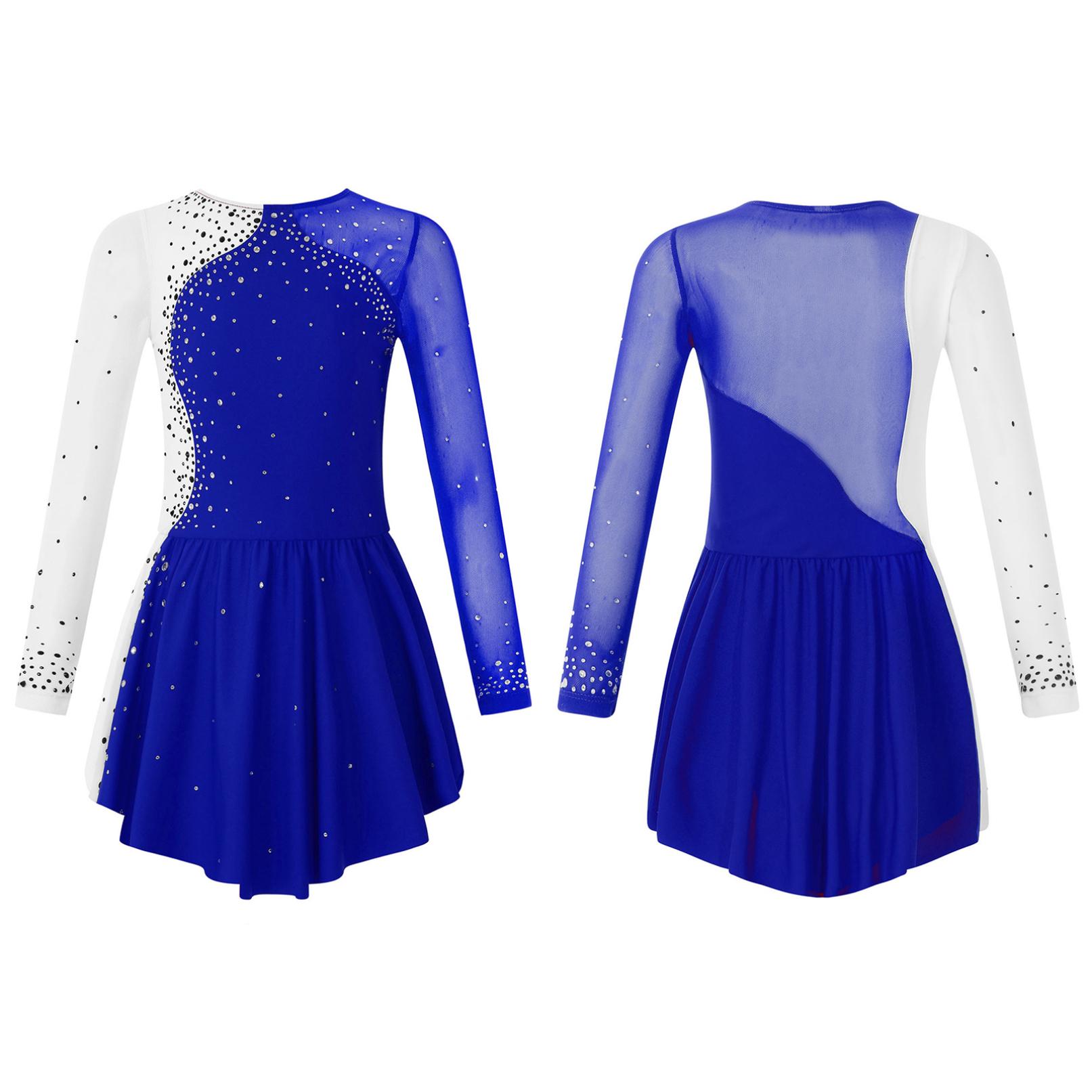 HULIJA Meisjes Strass Mesh Lange Mouw Figuur Schaatsen Jurk Ballet Dans Turnpakje Jurk Tutu Rok Competitie Kostuum 11-12 Years koningsblauwe kleur
