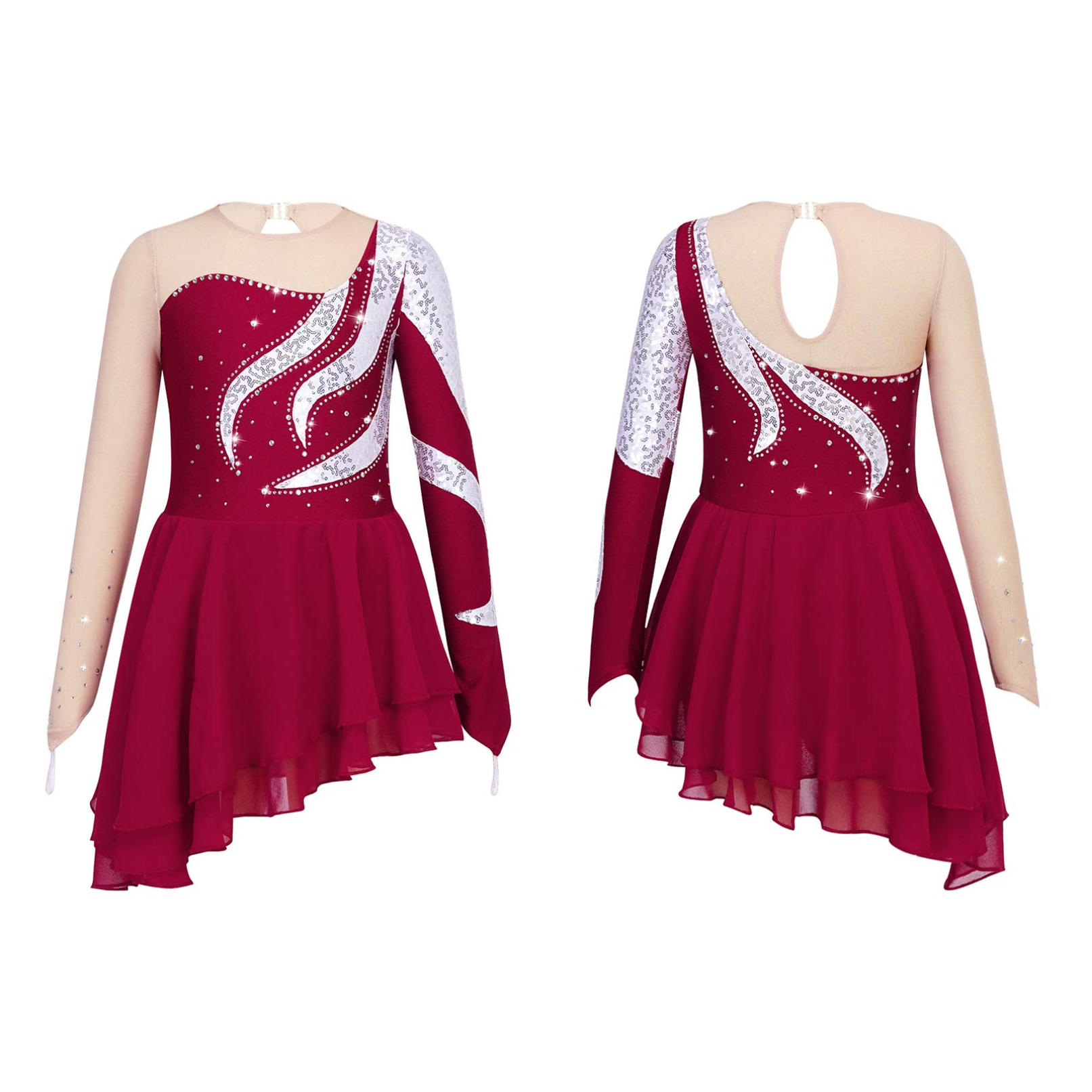 Daenrui Dans Schaatsen Kostuum Kinderen Meisjes Lange Mouw Pailletten Decor Patchwork Stijl Jurk 5-6 Years rood