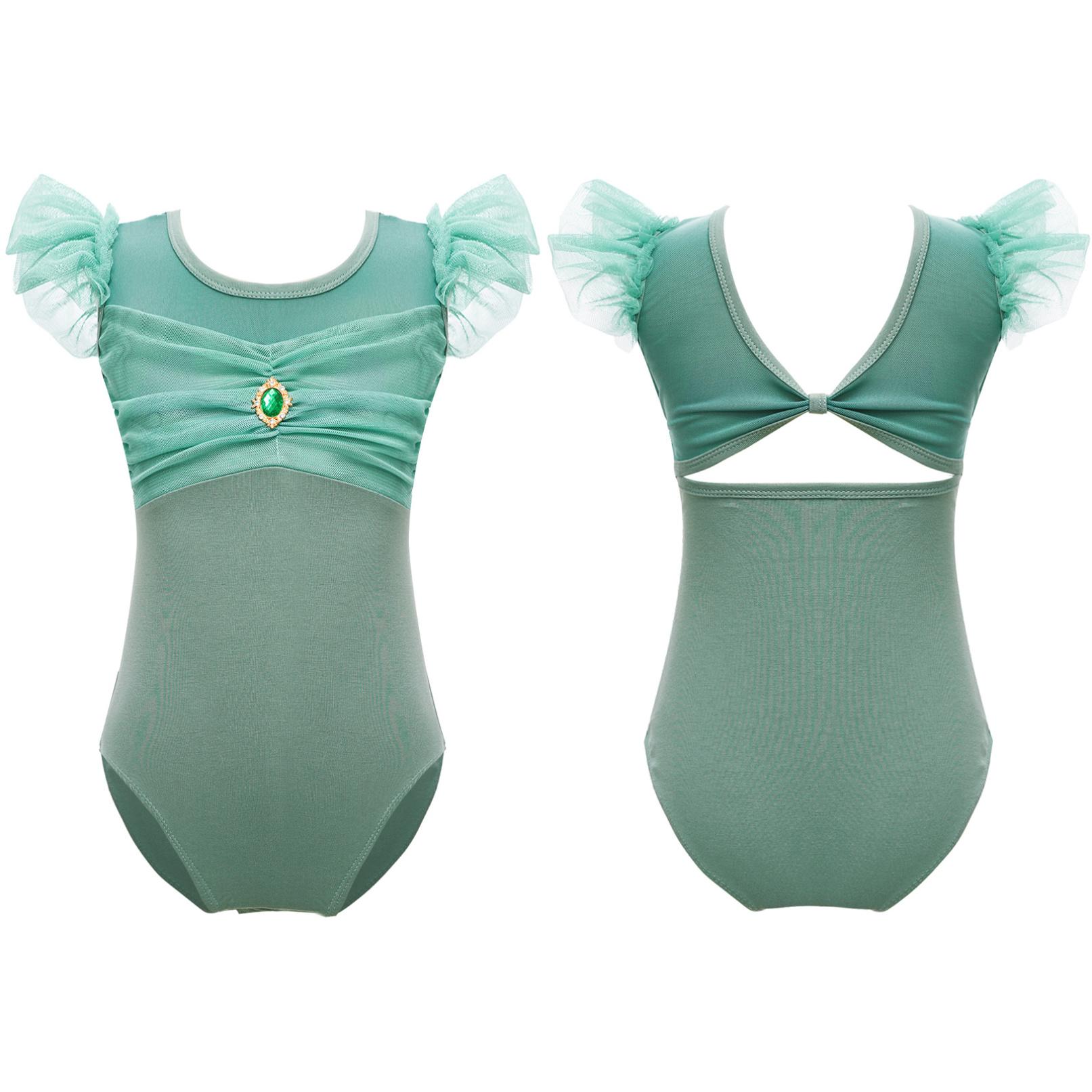 YONGHS Turnpakje voor kinderen, meisjes, ruchemouwen, ruches, mesh, patchwork, uitsparing aan de achterkant, voor balletdansgymnastiek 5-6 Years groen