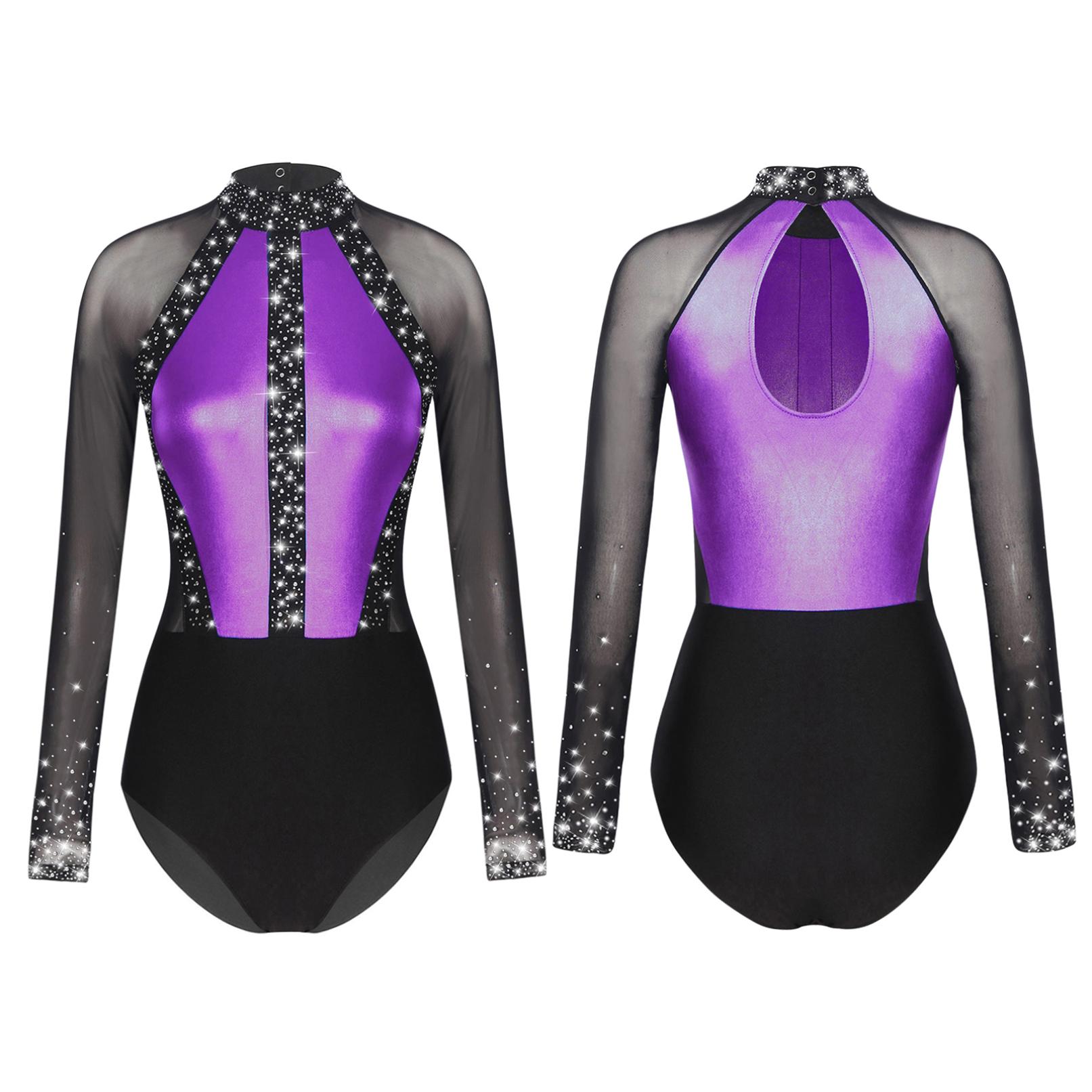 Tiaobug Dames strass ballet gymnastiek dans turnpakje bodysuit kunstschaatsen danskostuum met lange mouwen M